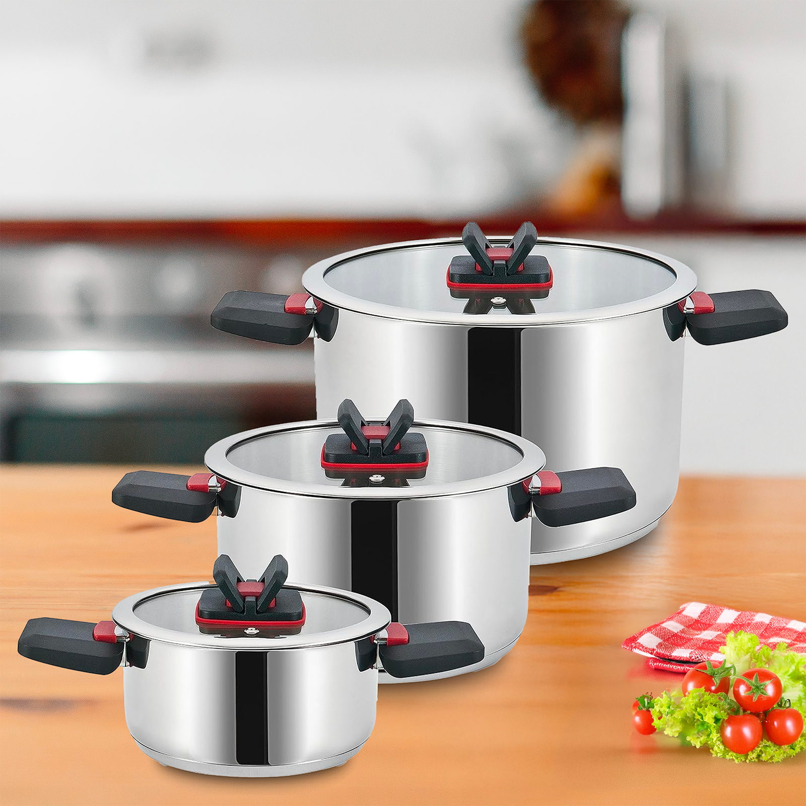 Batteria di Pentole in Acciaio Inox Set 6 Pezzi con Coperchi in Vetro Temperato e Manici Regolabili Compatibile con Induzione, Gas e Vetroceramica