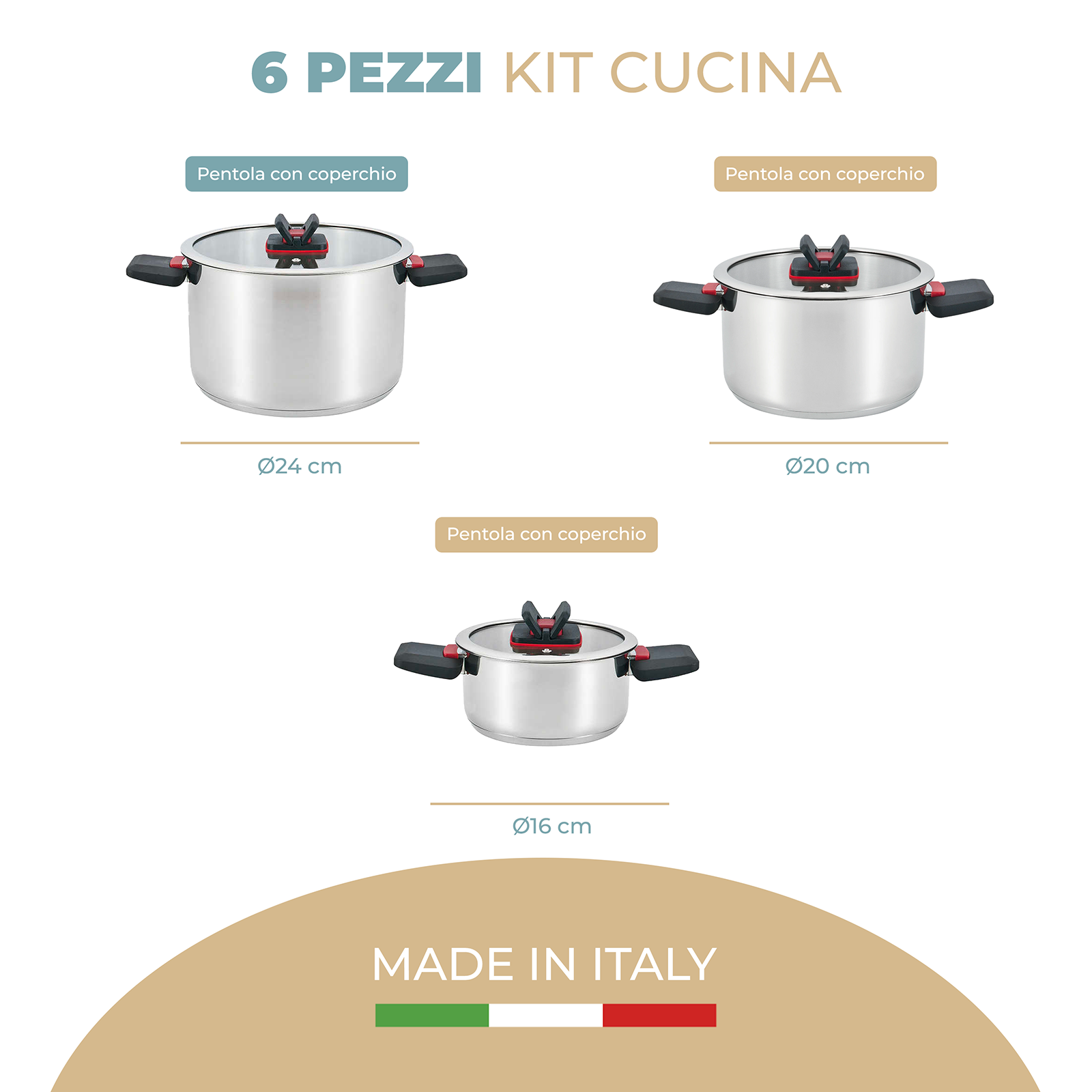 Batteria di Pentole in Acciaio Inox Set 6 Pezzi con Coperchi in Vetro Temperato e Manici Regolabili Compatibile con Induzione, Gas e Vetroceramica