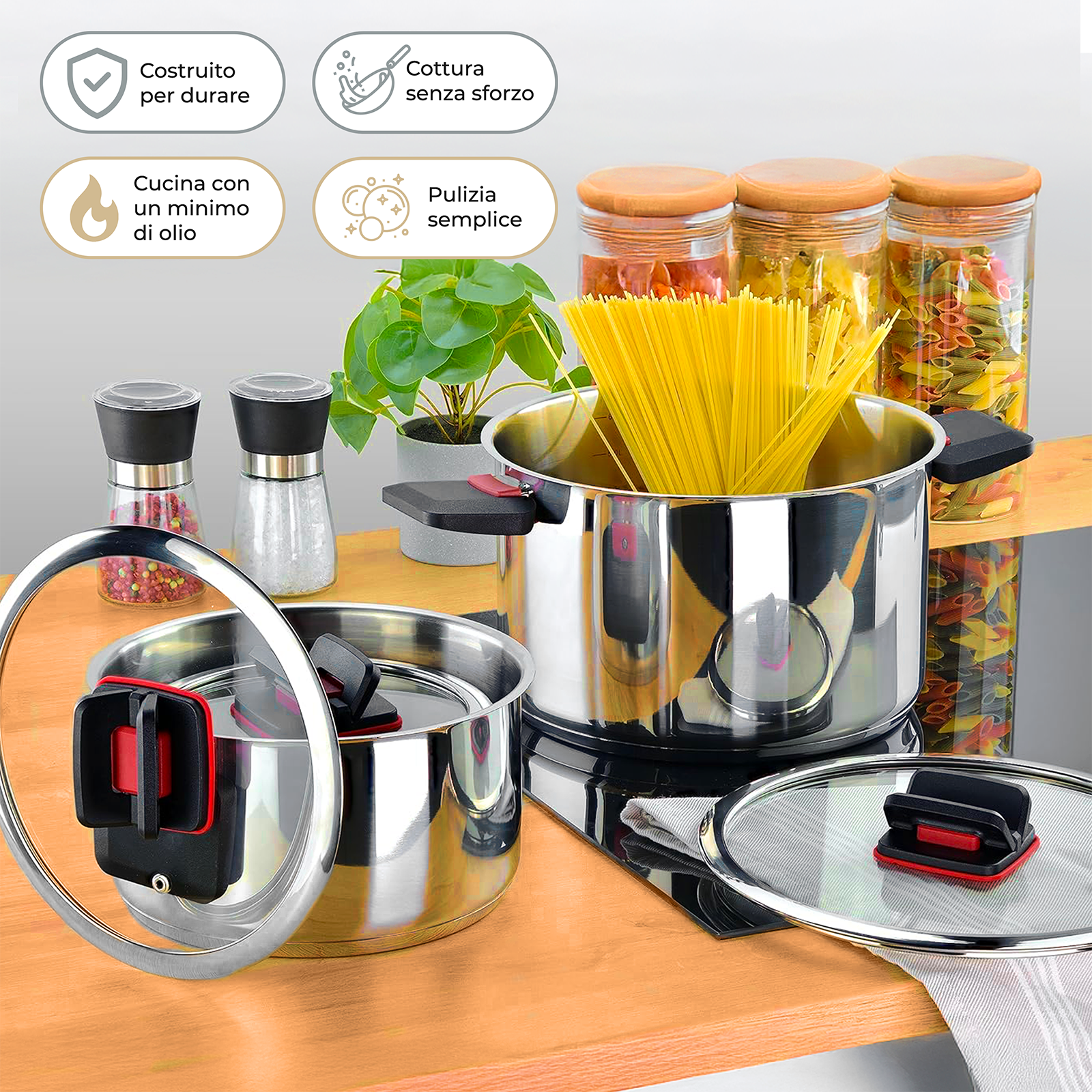 Batteria di Pentole in Acciaio Inox Set 6 Pezzi con Coperchi in Vetro Temperato e Manici Regolabili Compatibile con Induzione, Gas e Vetroceramica