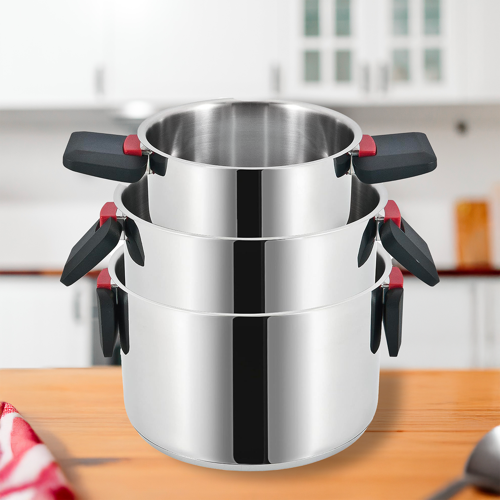 Batteria di Pentole in Acciaio Inox Set 6 Pezzi con Coperchi in Vetro Temperato e Manici Regolabili Compatibile con Induzione, Gas e Vetroceramica