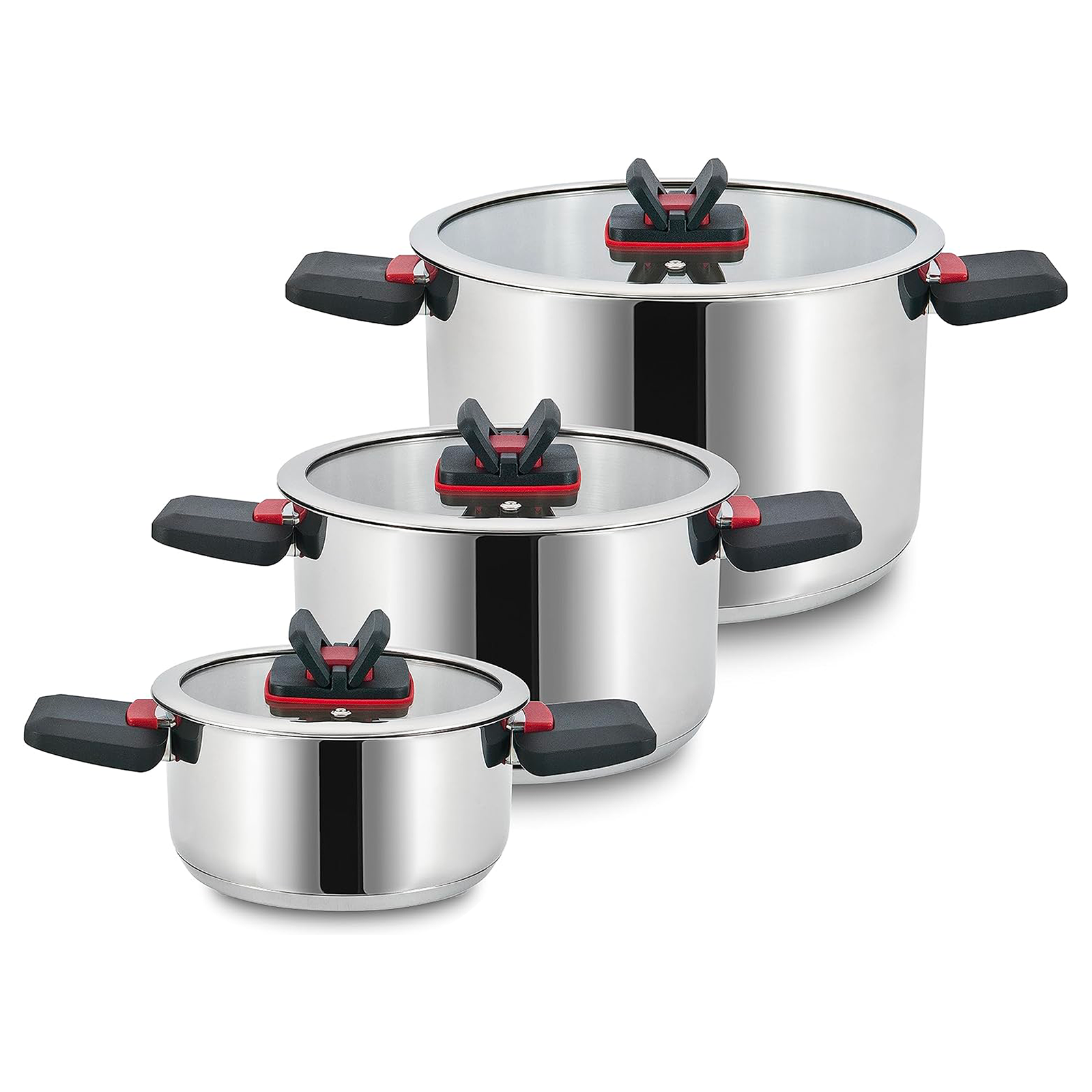 Batteria di Pentole in Acciaio Inox Set 6 Pezzi con Coperchi in Vetro Temperato e Manici Regolabili Compatibile con Induzione, Gas e Vetroceramica