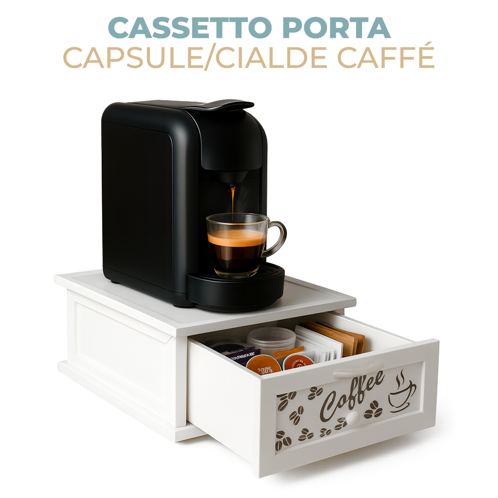 Porta Cialde e capsule in Legno con cassetto a 2 scomparti Scritta in Plexiglass Coffee