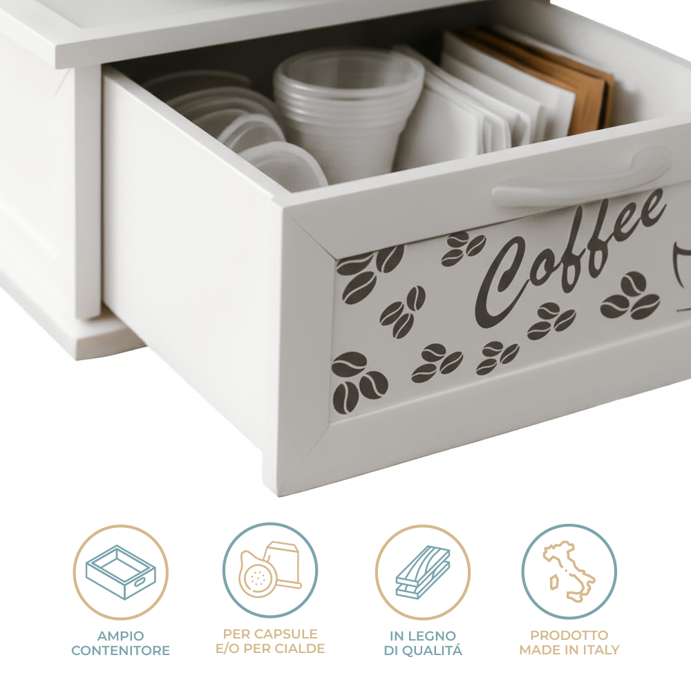 Porta Cialde e Capsule in Legno con Cassetto a 2 Scomparti Scritta Caffè Organizer Caffè in Vari Colori Stile Shabby Chic