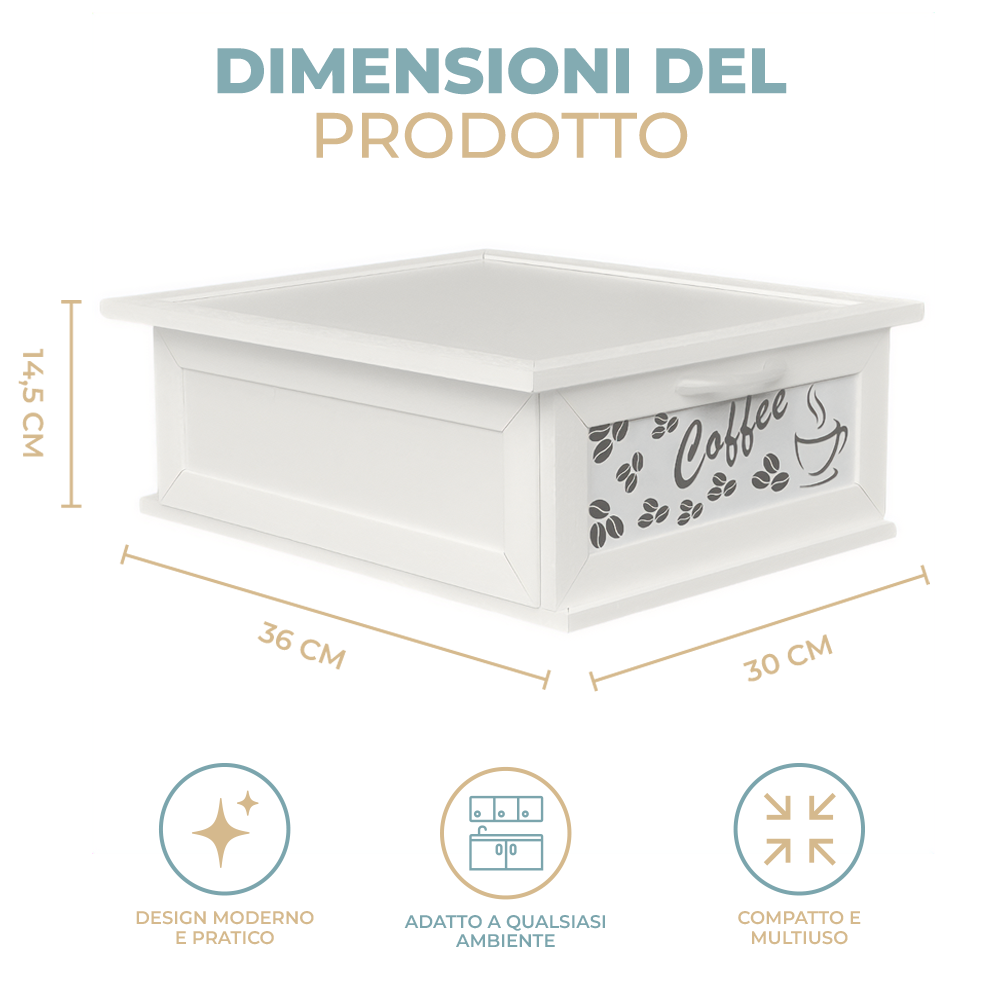 Porta Cialde e Capsule in Legno con Cassetto a 2 Scomparti Scritta Coffee Organizer Caffè in Vari Colori Stile Shabby Chic