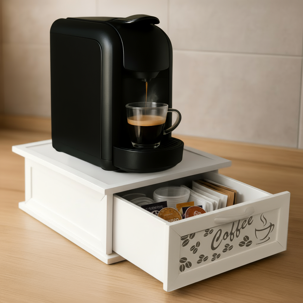 Porta Cialde e Capsule in Legno con Cassetto a 2 Scomparti Scritta Coffee Organizer Caffè in Vari Colori Stile Shabby Chic