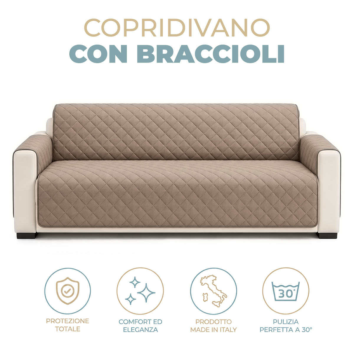 Copridivano 2 Posti Impermeabile con Braccioli Antiscivolo Double Face Trapuntato Lavabile Protezione Anti Macchia Anti Graffio Pet Friendly per Cani e Gatti