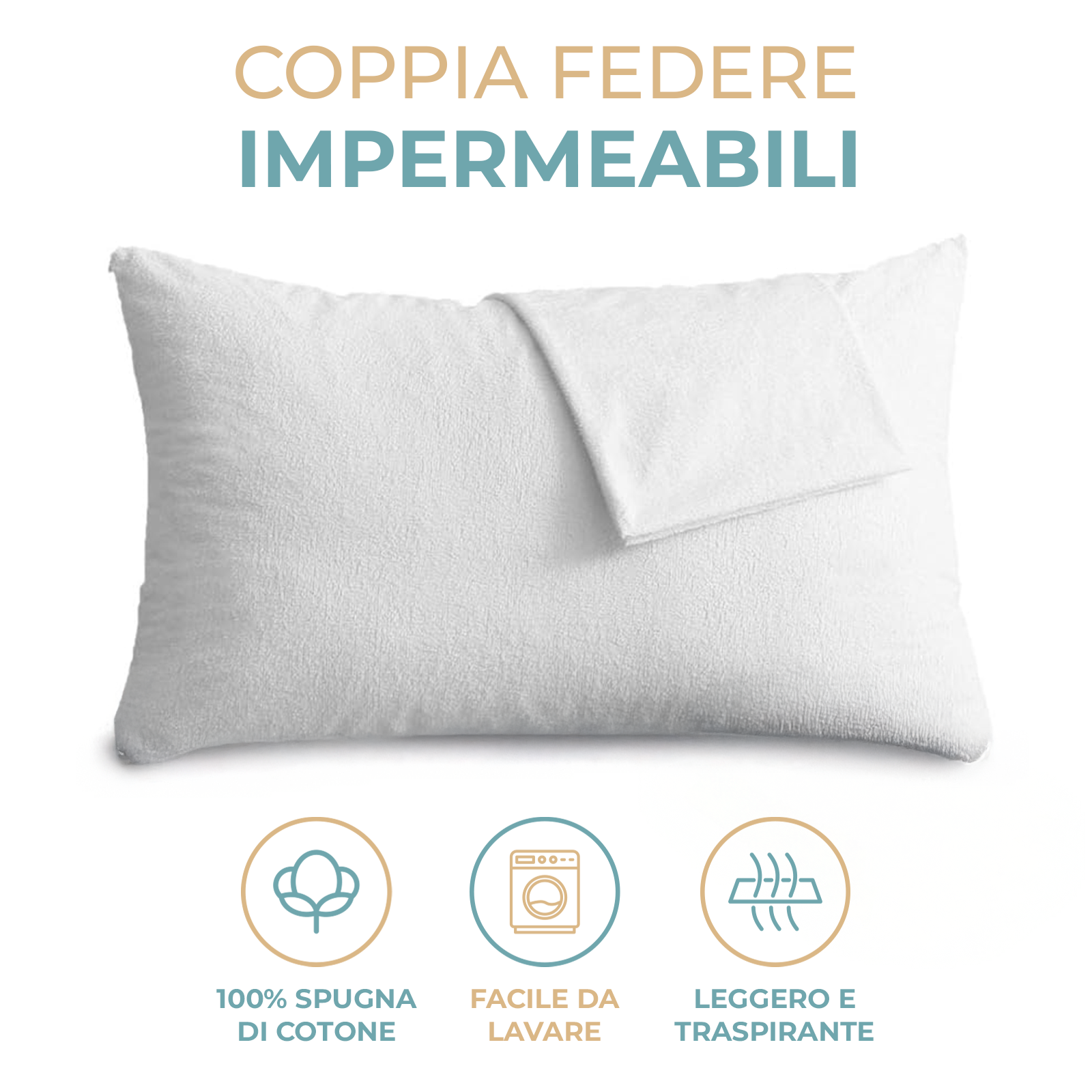 Set 2 Copriguanciali Impermeabili 50x80 cm – Copricuscini con Zip, Traspiranti e Anallergici – Bianco