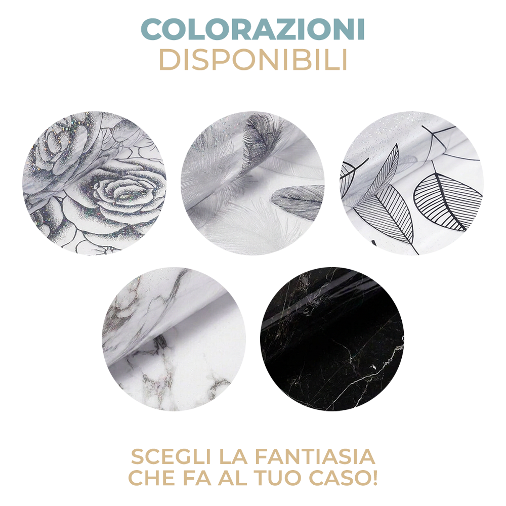 Pellicola Protettiva per Tavolo Effetto Glitter con Piume – Antigrasso, Impermeabile e Lavabile – Spessore 1 mm – Varie Misure