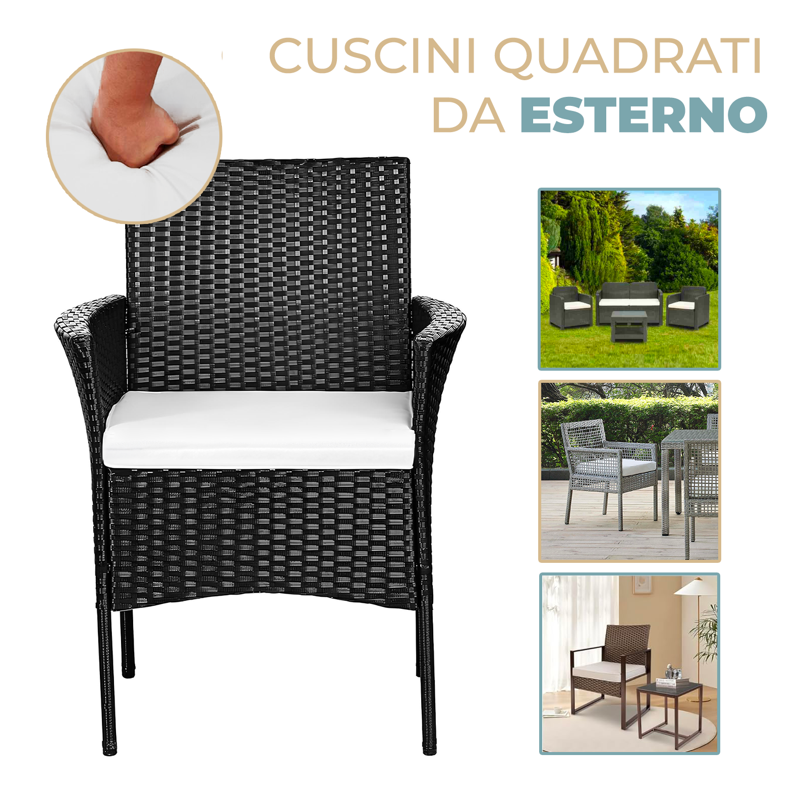 Coppia di Cuscini Outdoor per Sedute Salottino in Rattan 58×51 cm – Rivestimento Rimovibile, Imbottitura Comfort 5 cm, Produzione Italiana