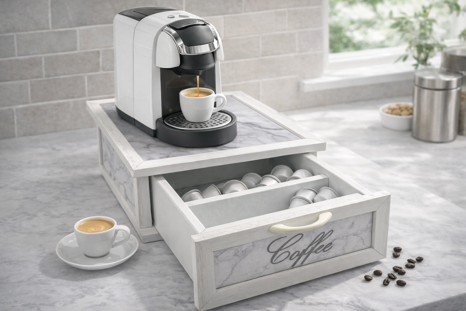 Porta Cialde e Capsule Caffè in Legno con Cassetto a 2 Scomparti – Organizer Shabby Chic con Scritta “COFFEE” – Vari Colori