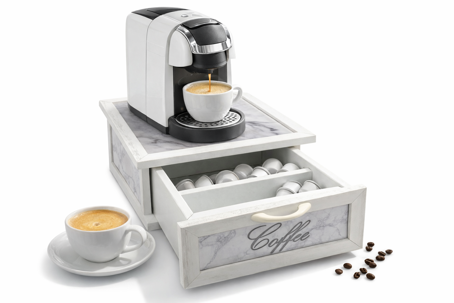 Porta Cialde e Capsule Caffè in Legno con Cassetto a 2 Scomparti – Organizer Shabby Chic con Scritta “COFFEE” – Vari Colori