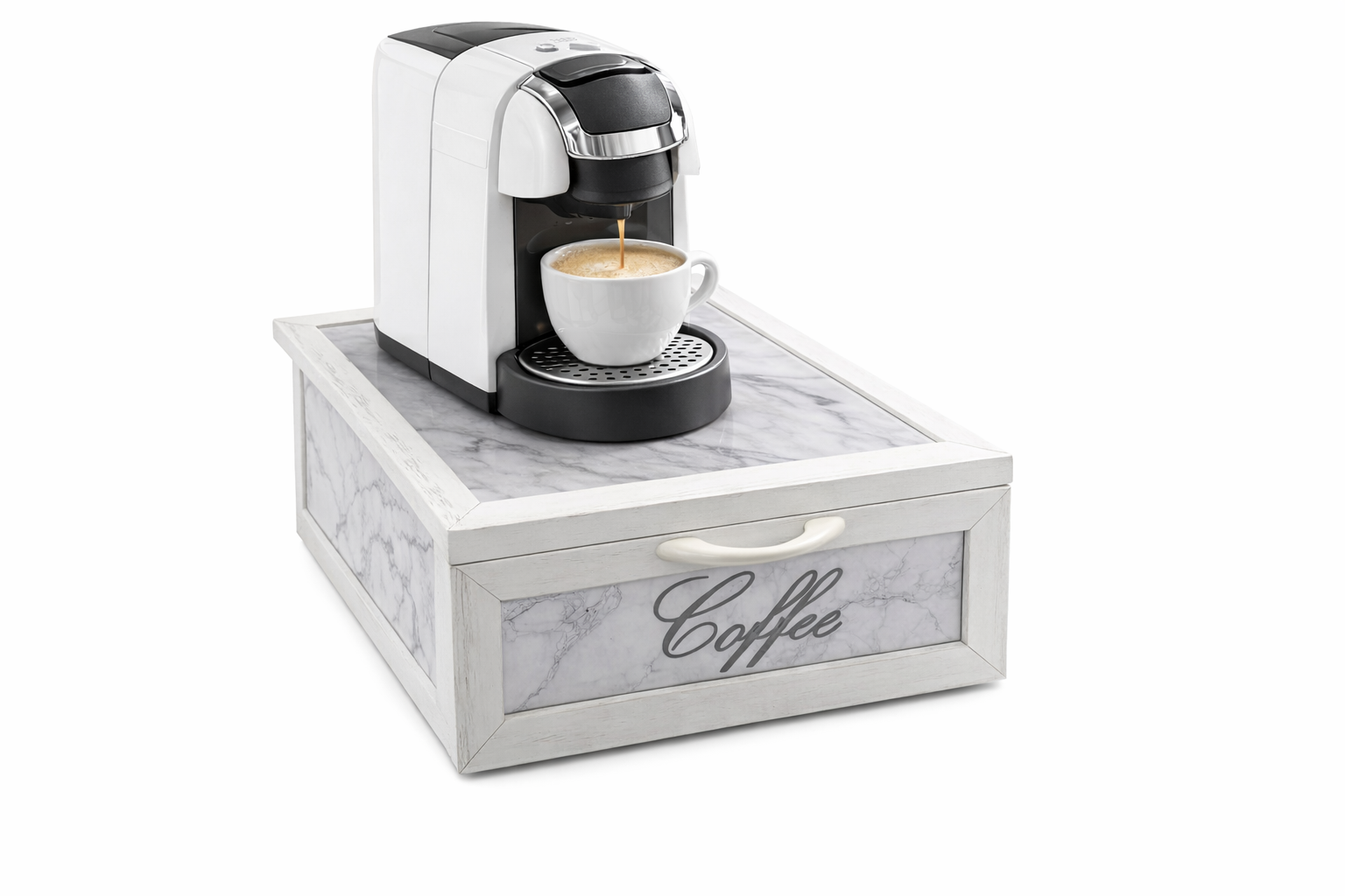Porta Cialde e Capsule Caffè in Legno con Cassetto a 2 Scomparti – Organizer Shabby Chic con Scritta “COFFEE” – Vari Colori