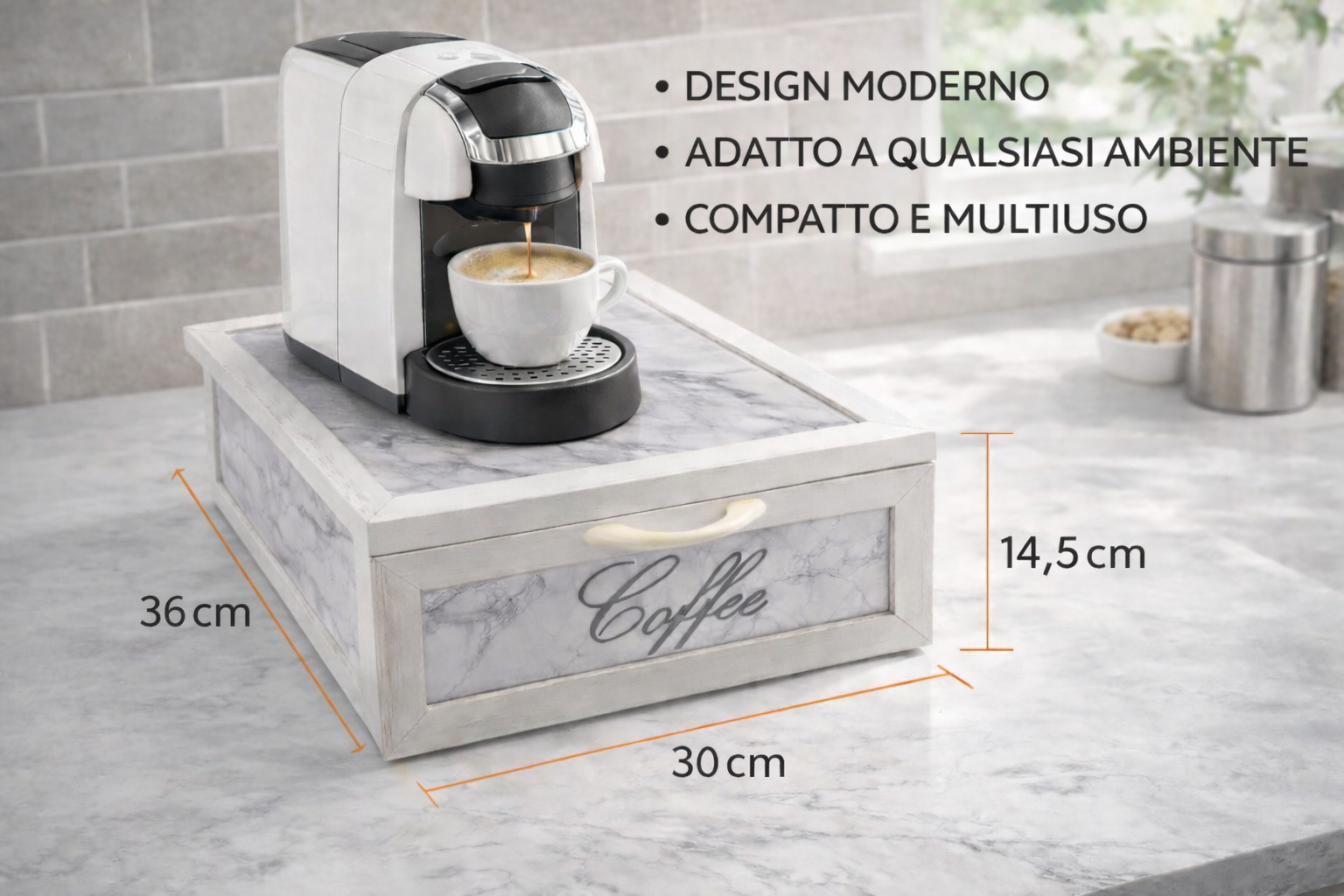 Porta Cialde e Capsule Caffè in Legno con Cassetto a 2 Scomparti – Organizer Shabby Chic con Scritta “COFFEE” – Vari Colori