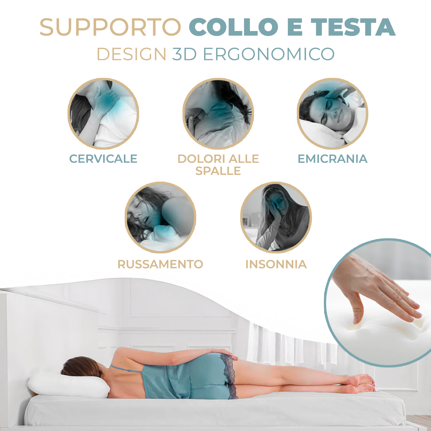 Guanciale Cuscino Letto Memory Foam Altezza 15 cm Forato Ergonomico, Morbido e Traspirante, Anallergico e Antiacaro con Federa Lavabile