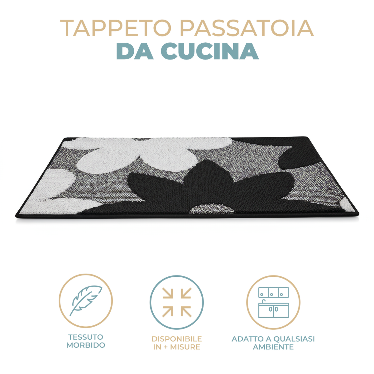 Tappeto passatoia da Cucina 3D con Fiore Tridimensionale – Morbido, Bordato, Moderno e Antiscivolo Varie misure