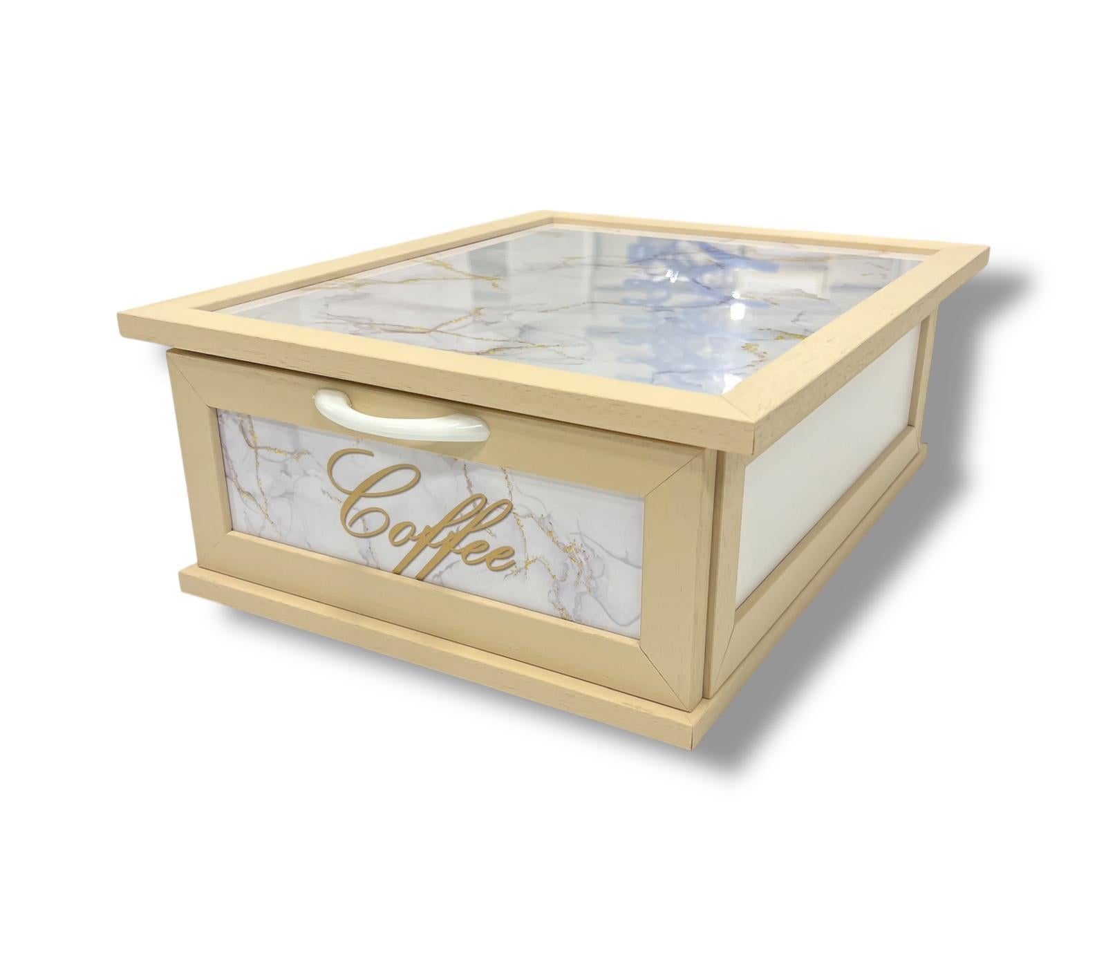 Porta Cialde e Capsule Caffè in Legno con Cassetto a 2 Scomparti – Organizer Shabby Chic con Scritta “COFFEE” – Vari Colori