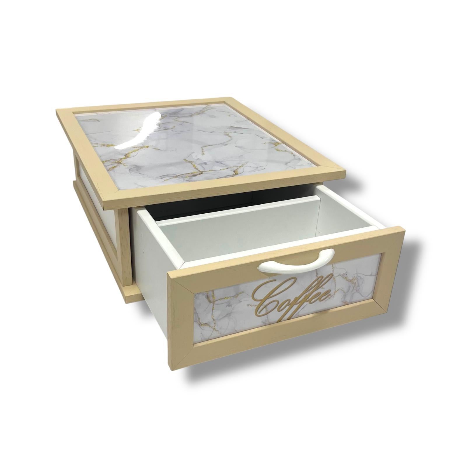 Porta Cialde e Capsule Caffè in Legno con Cassetto a 2 Scomparti – Organizer Shabby Chic con Scritta “COFFEE” – Vari Colori