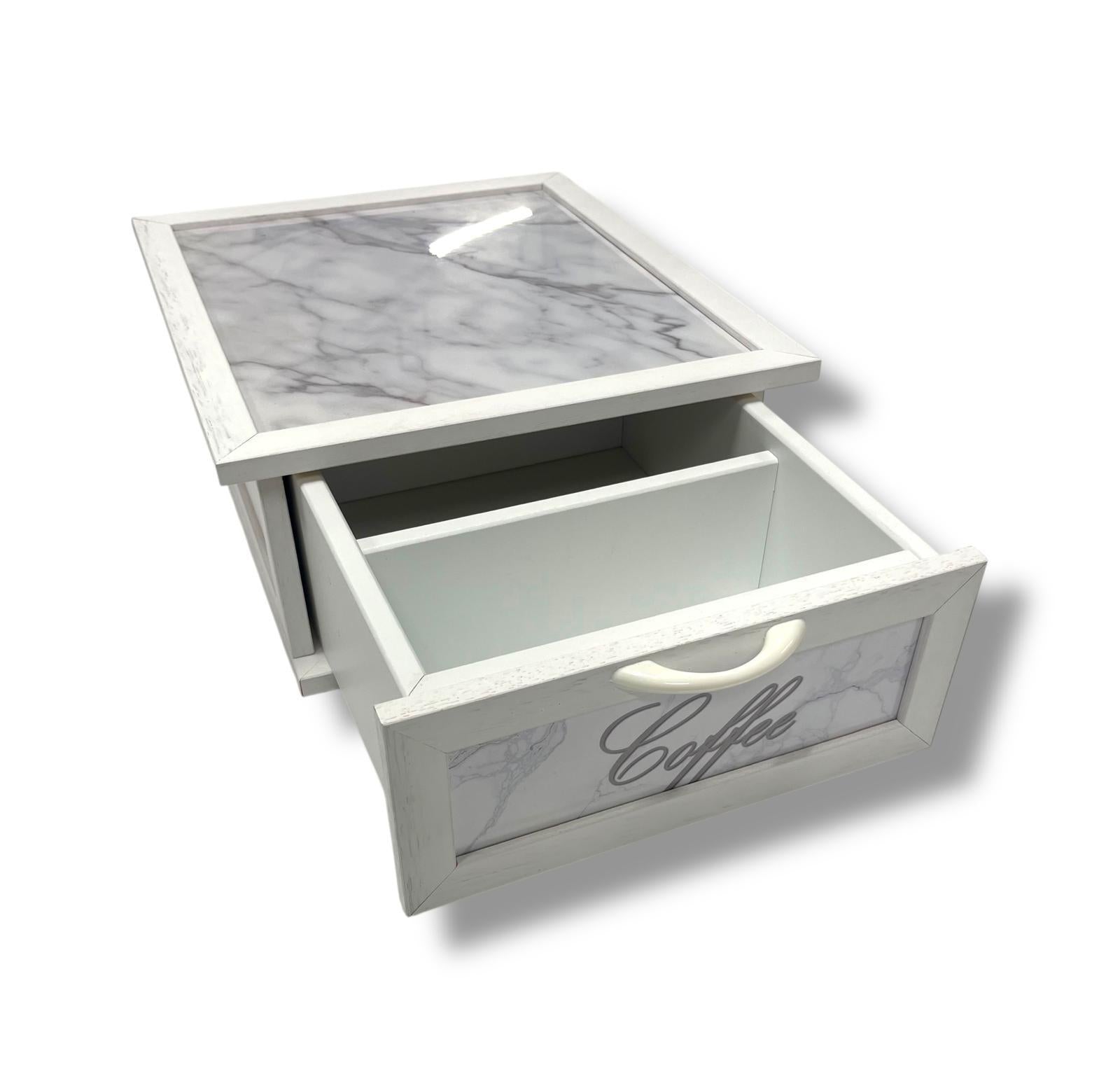 Porta Cialde e Capsule Caffè in Legno con Cassetto a 2 Scomparti – Organizer Shabby Chic con Scritta “COFFEE” – Vari Colori