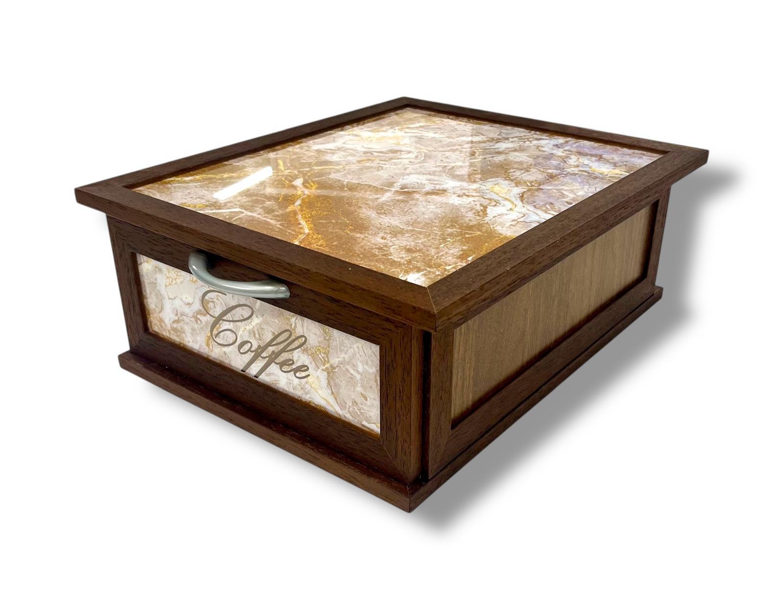 Porta Cialde e Capsule Caffè in Legno con Cassetto a 2 Scomparti – Organizer Shabby Chic con Scritta “COFFEE” – Vari Colori