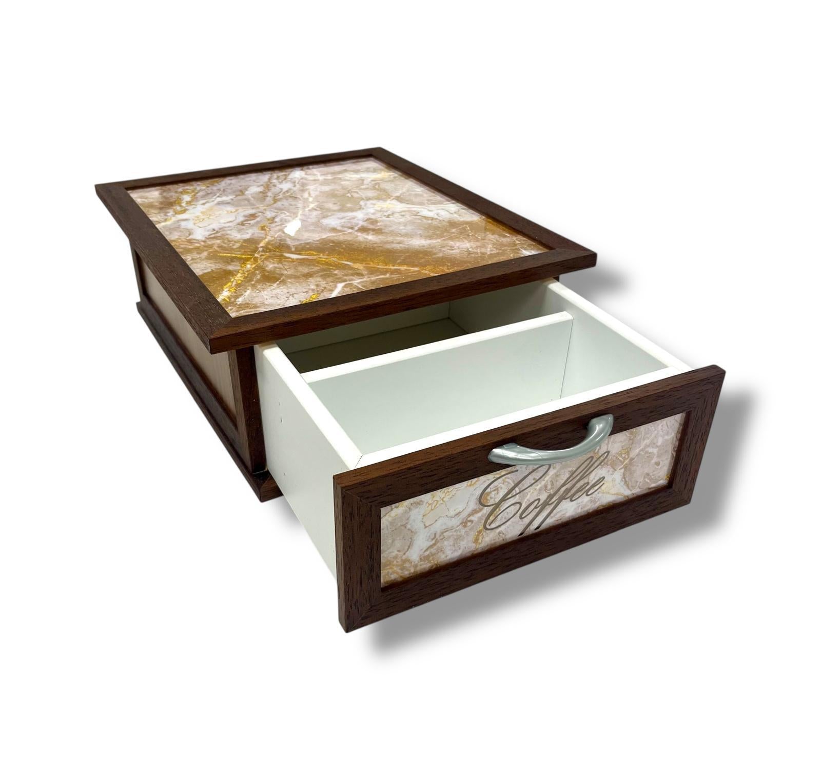 Porta Cialde e Capsule Caffè in Legno con Cassetto a 2 Scomparti – Organizer Shabby Chic con Scritta “COFFEE” – Vari Colori