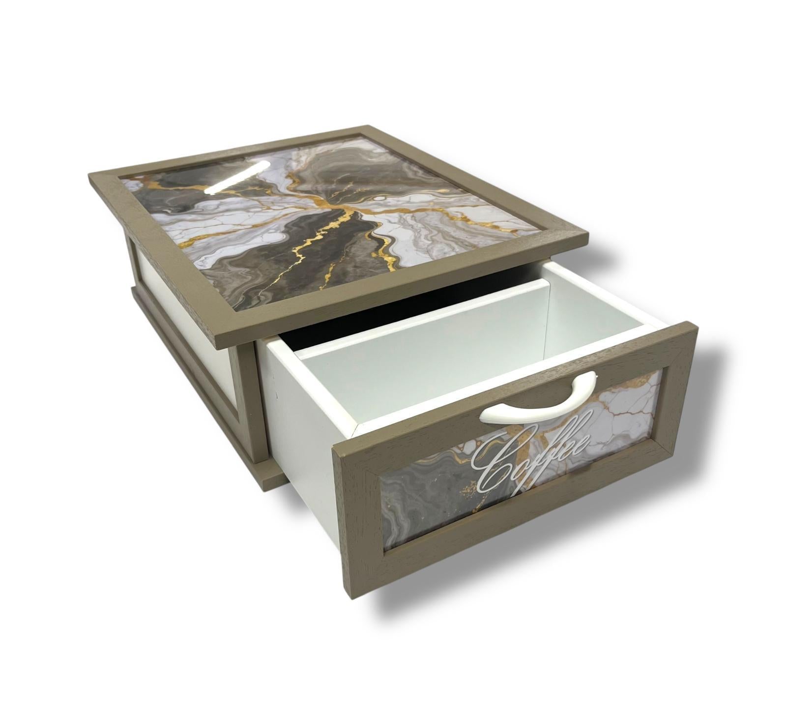 Porta Cialde e Capsule Caffè in Legno con Cassetto a 2 Scomparti – Organizer Shabby Chic con Scritta “COFFEE” – Vari Colori