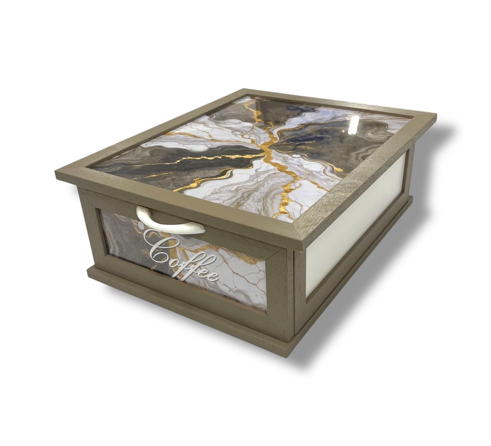 Porta Cialde e Capsule Caffè in Legno con Cassetto a 2 Scomparti – Organizer Shabby Chic con Scritta “COFFEE” – Vari Colori