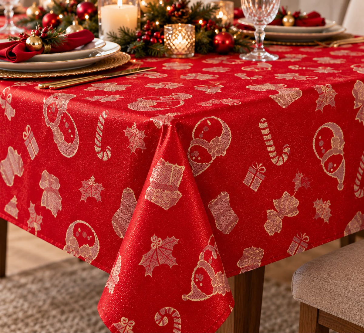 Tovaglia Natalizia in Raso Rosso Glitter Oro 140x450 cm 24 Posti Fantasia Natale con Pupazzi di Neve, Regali e Agrifoglio