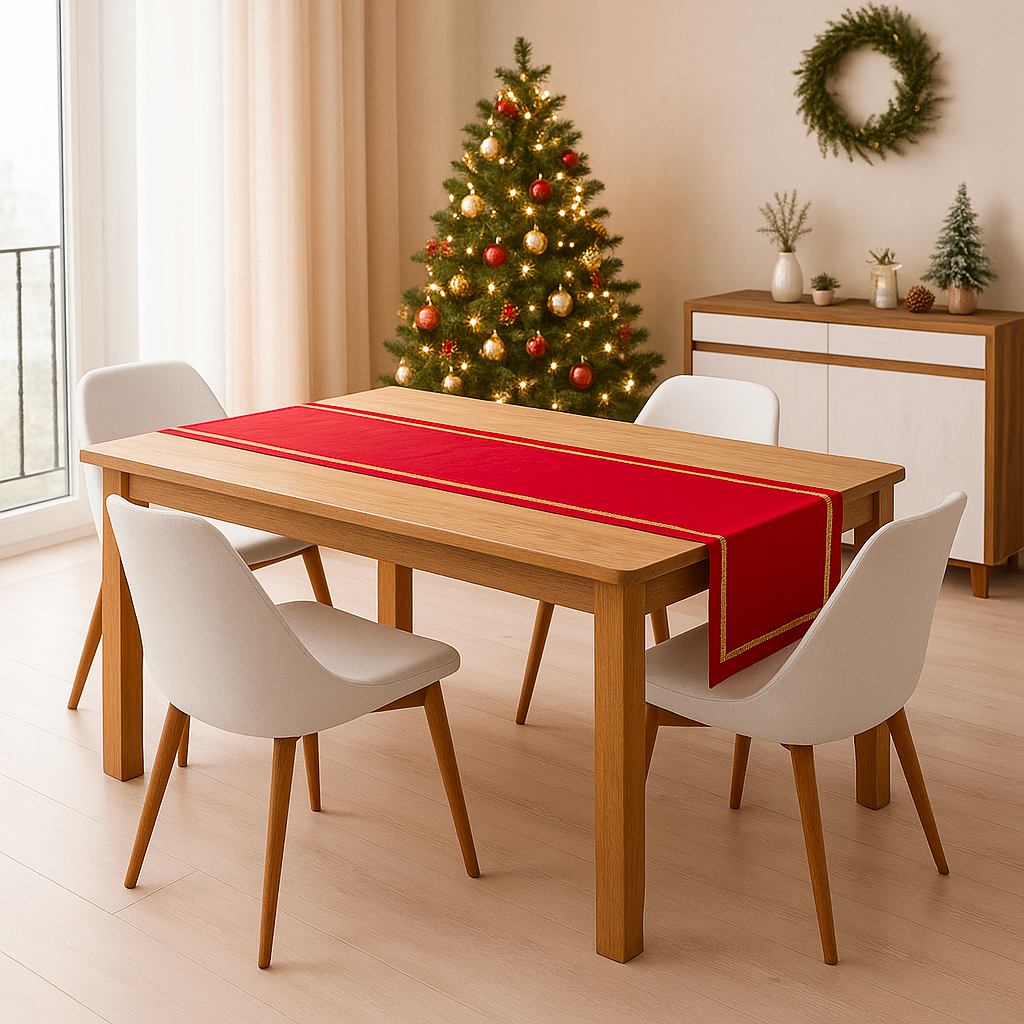 Runner Natalizio Rosso 145x45 cm con Filo Lurex Oro/Argento – Elegante Decorazione per la Tavola delle Feste
