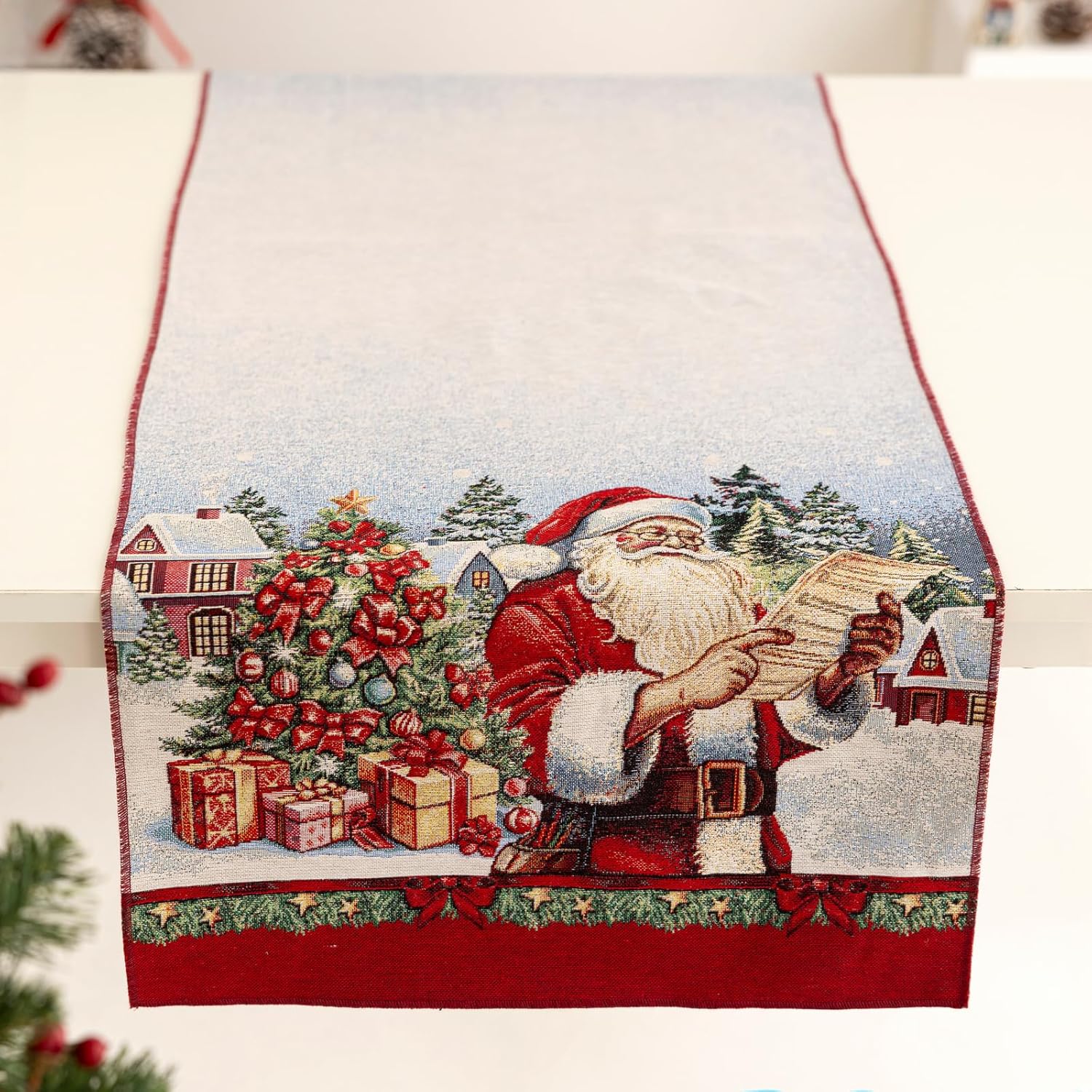 Runner Natalizio Babbo Natale Rettangolare Jacquard Gobelin Decorazione Festiva per Tavola Made in Italy