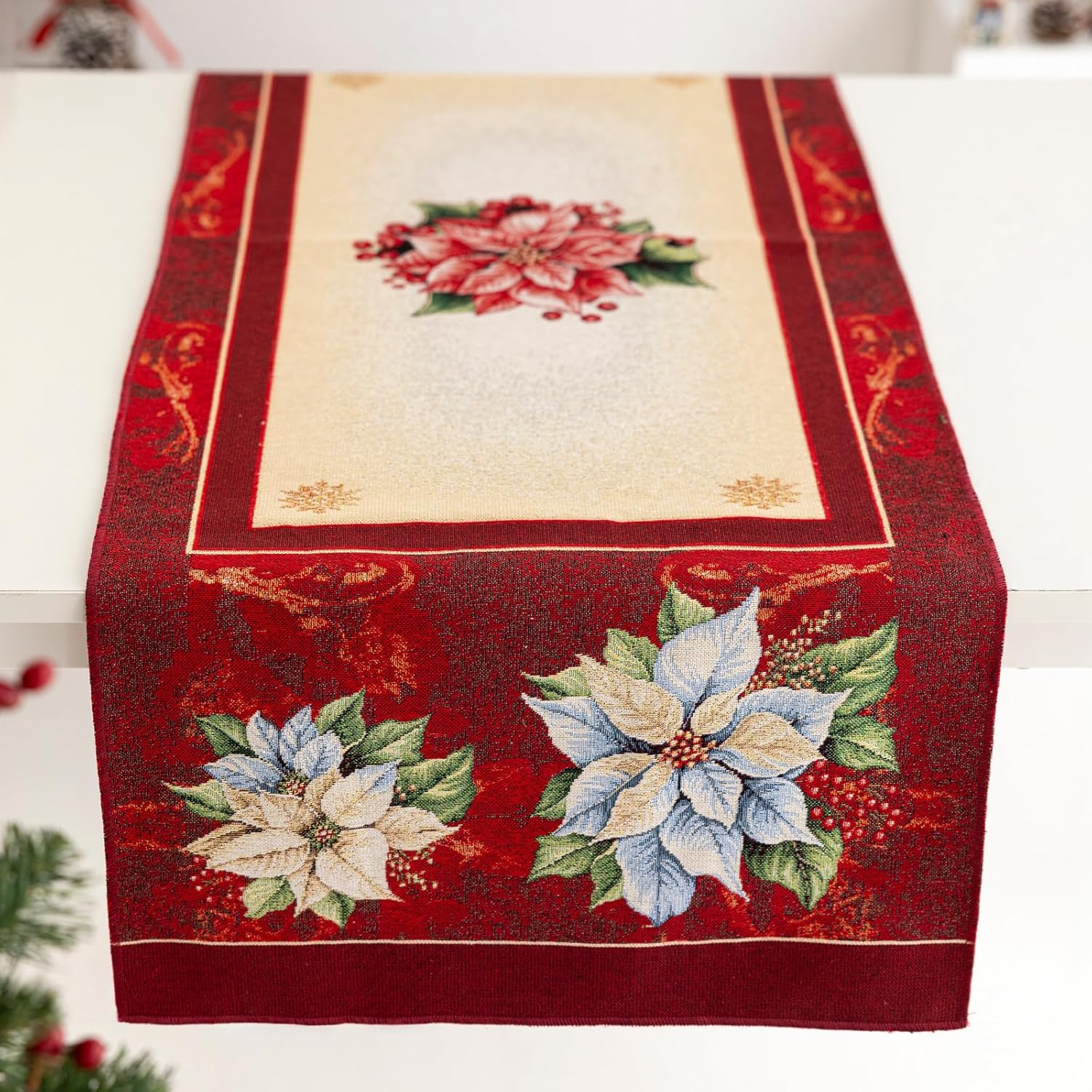 Runner Natalizio Red Star 40x140 cm  Rettangolare Jacquard Gobelin Decorazione Natalizia Elegante Made in Italy
