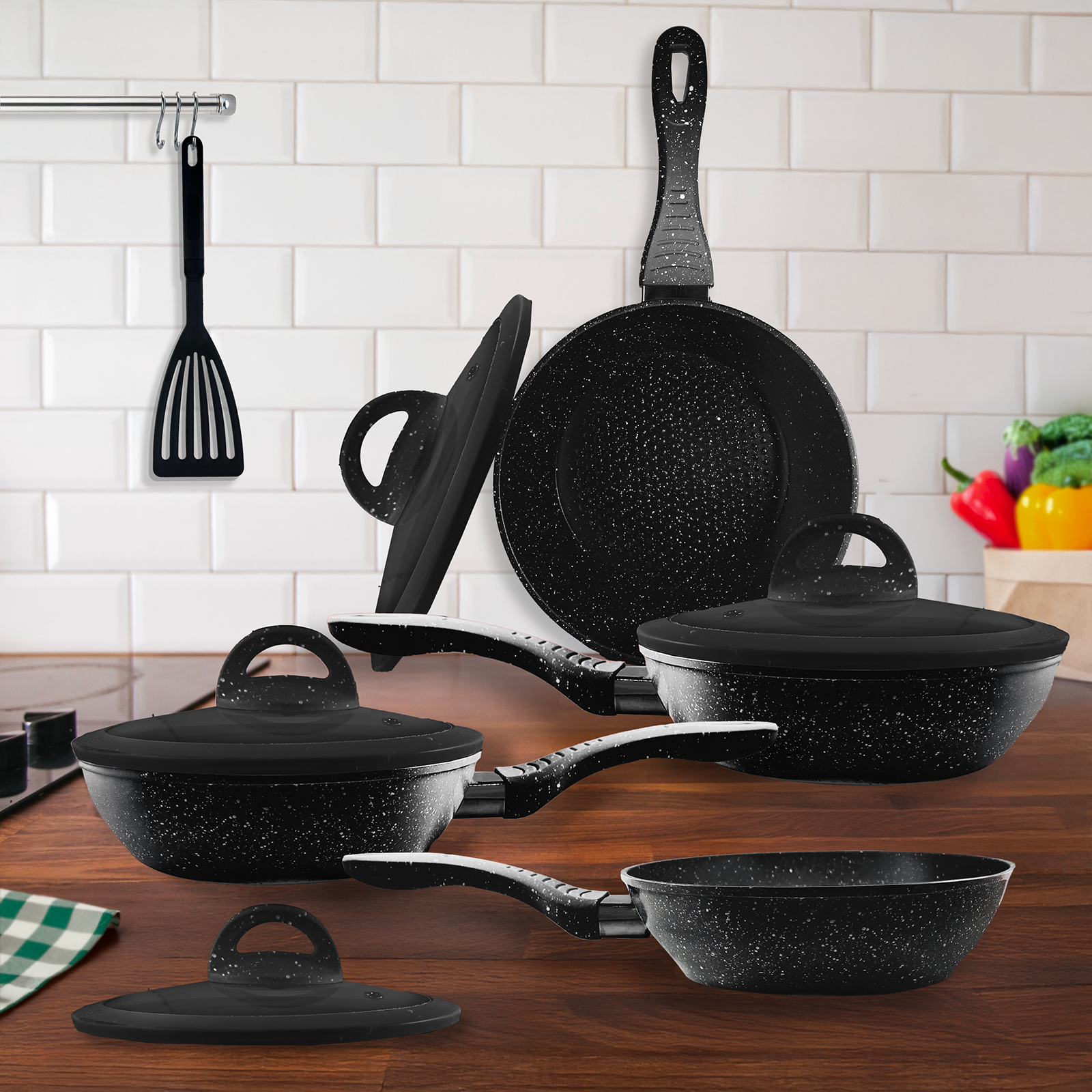 Set Padelle Antiaderenti 9 Pezzi Con Coperchi in Vetro Temperato Mono Manico Removibile Senza PFOA Colore Nero