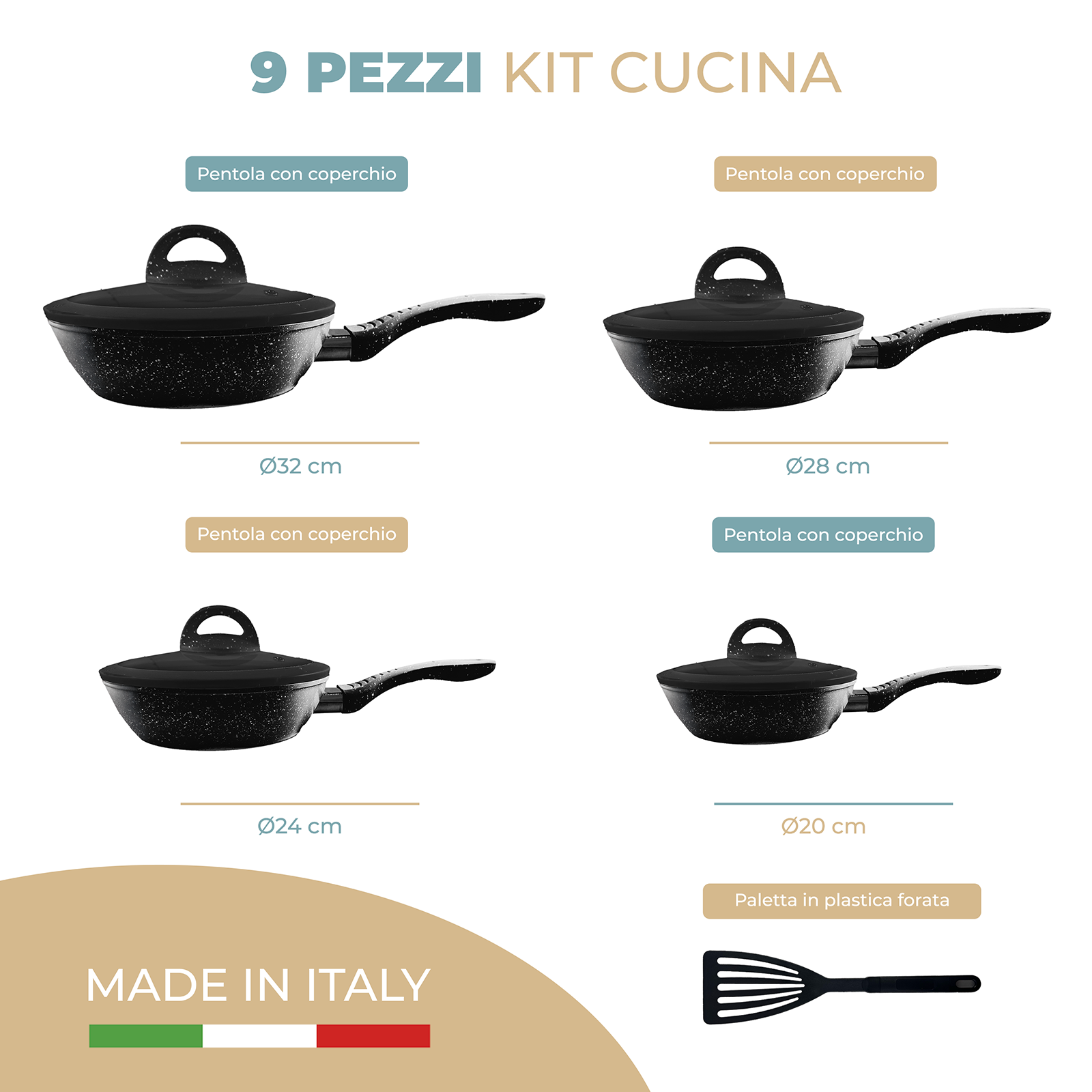 Set Padelle Antiaderenti 9 Pezzi Con Coperchi in Vetro Temperato Mono Manico Removibile Senza PFOA Colore Nero