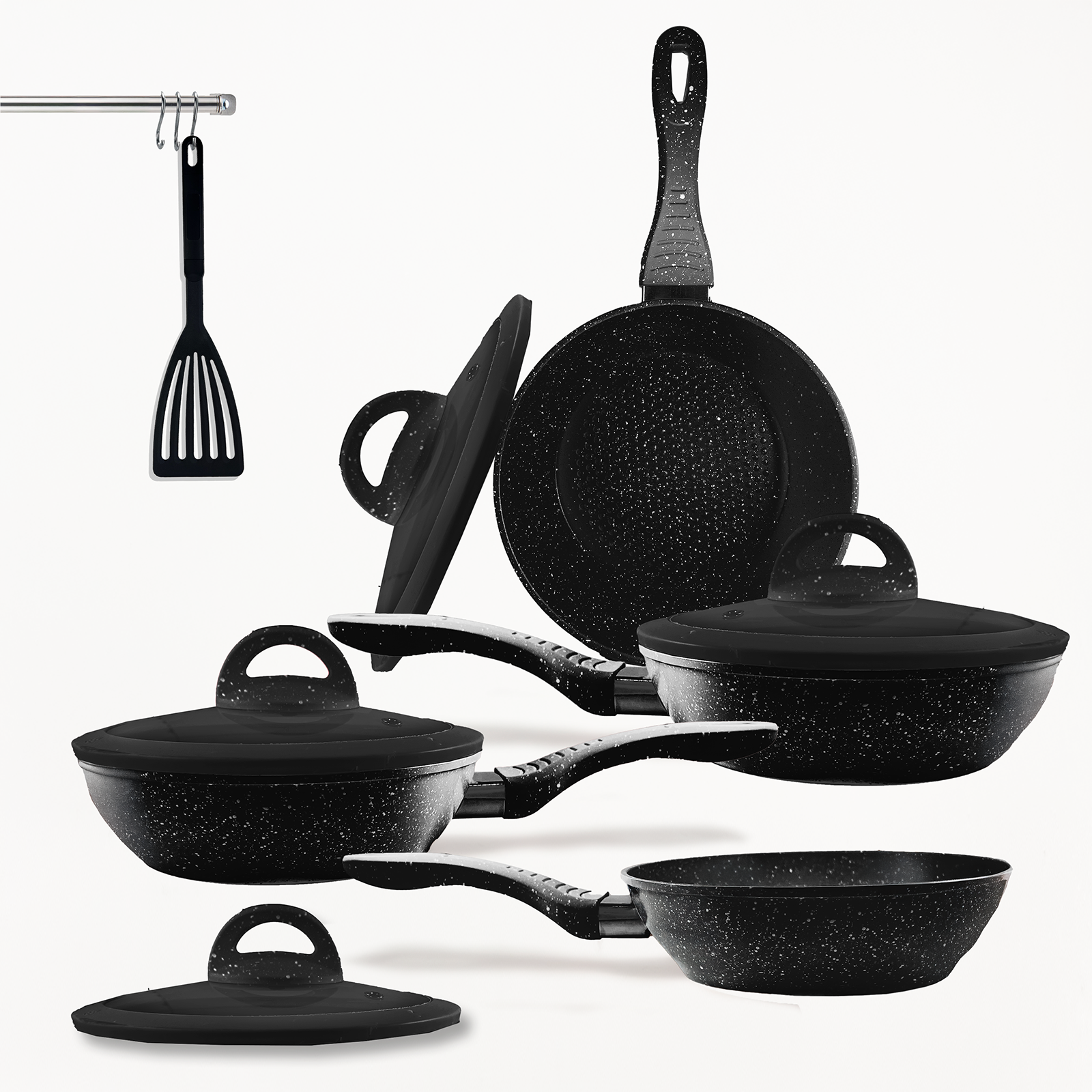 Set Padelle Antiaderenti 9 Pezzi Con Coperchi in Vetro Temperato Mono Manico Removibile Senza PFOA Colore Nero