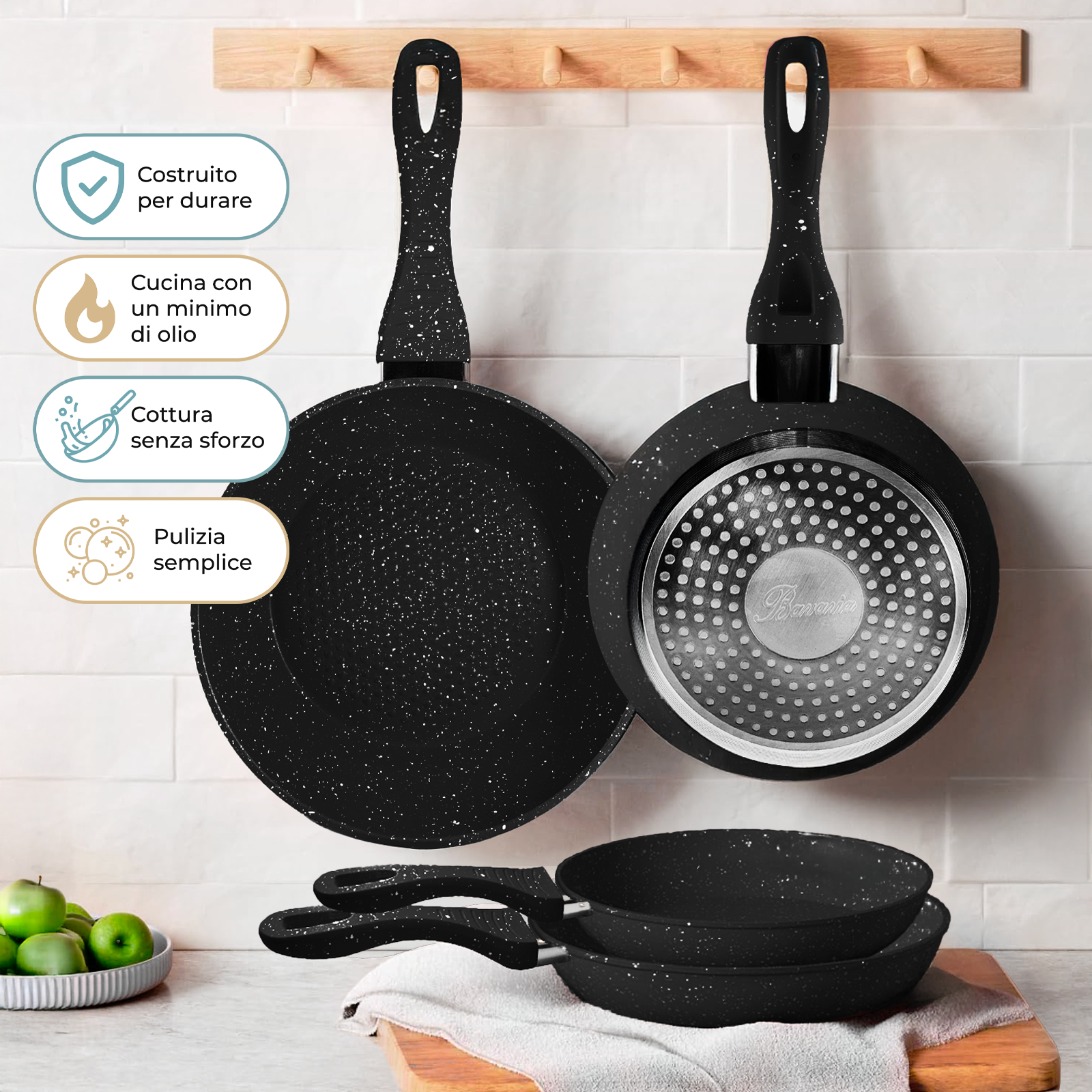 Set Padelle Antiaderenti 9 Pezzi Con Coperchi in Vetro Temperato Mono Manico Removibile Senza PFOA Colore Nero