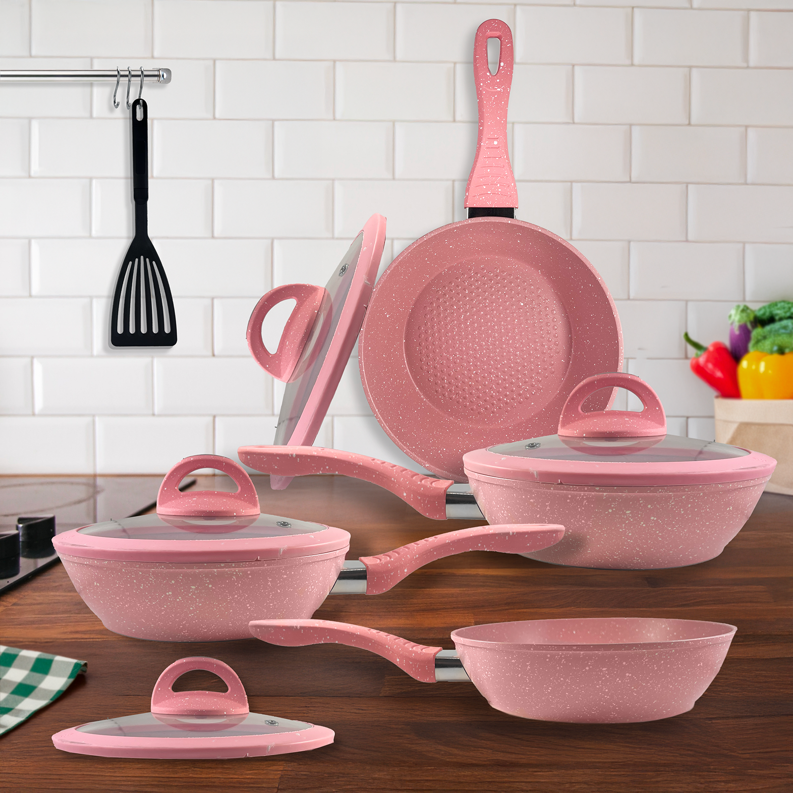 Set Padelle Antiaderenti 9 Pezzi con Coperchi in Vetro Temperato Mono Manico Removibile Senza PFOA Colore Rosa