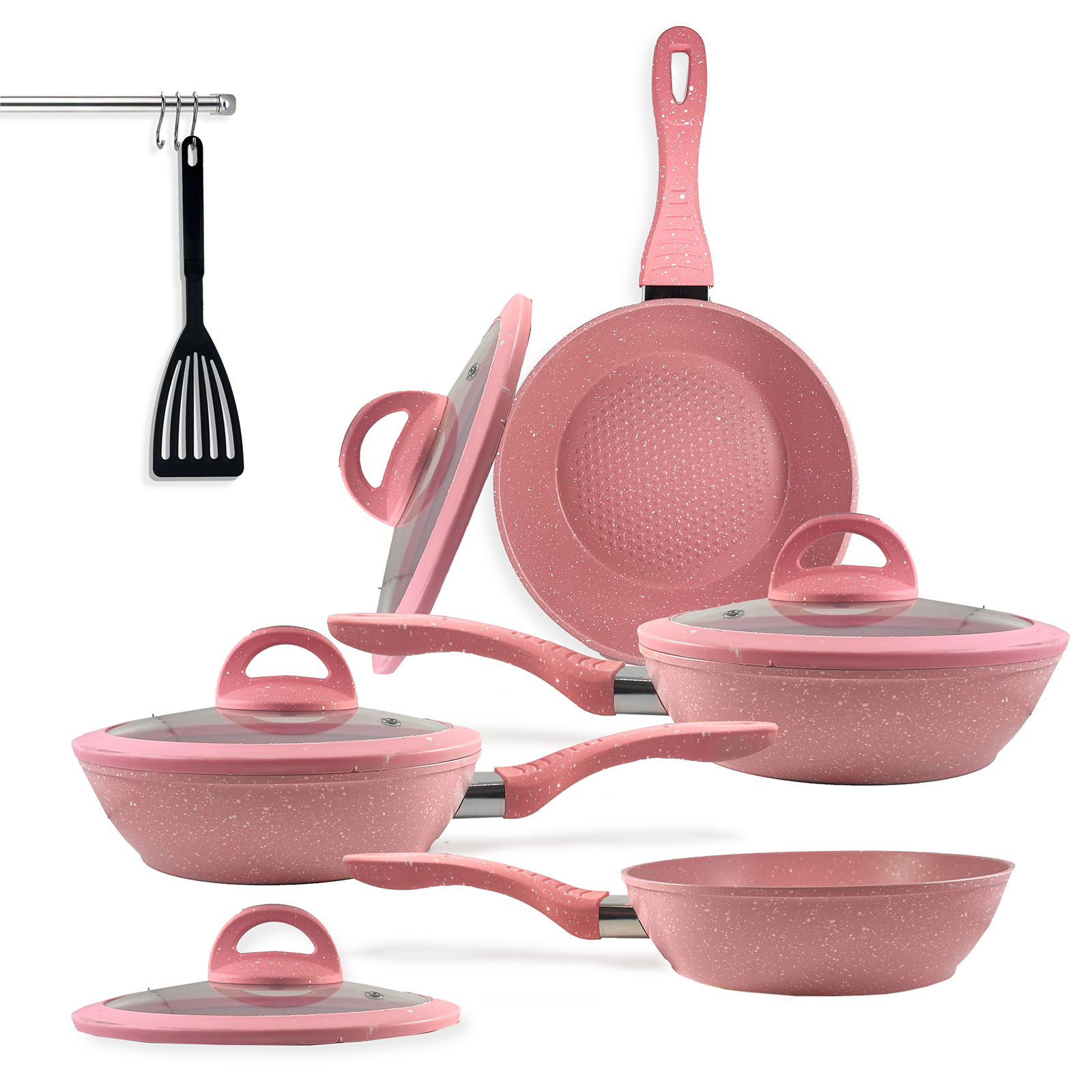 Set Padelle Antiaderenti 9 Pezzi con Coperchi in Vetro Temperato Mono Manico Removibile Senza PFOA Colore Rosa