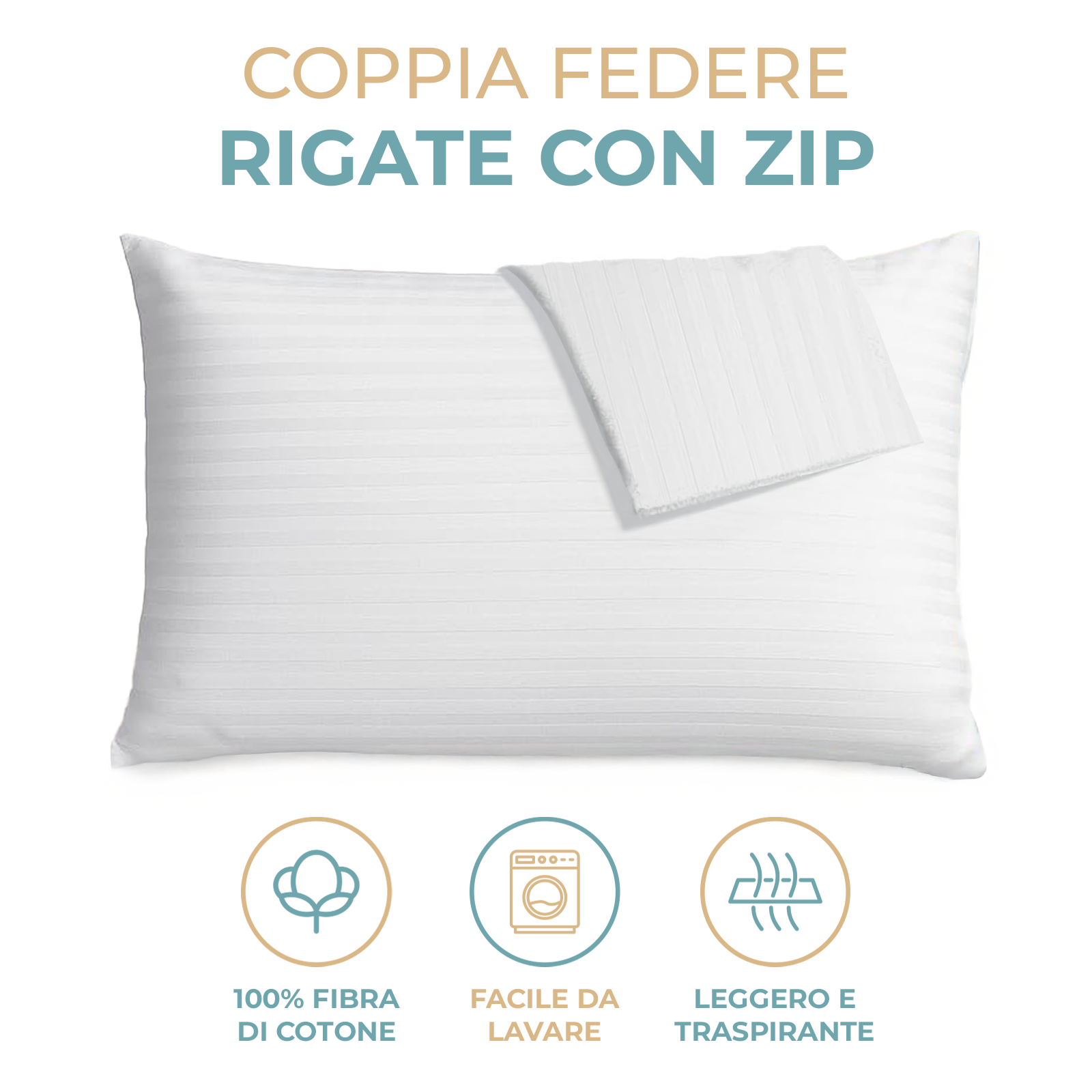 Copriguanciali 50x80 cm Set da 2 – Sottofedere Cotone Rigato con Zip, Traspiranti – Bianco