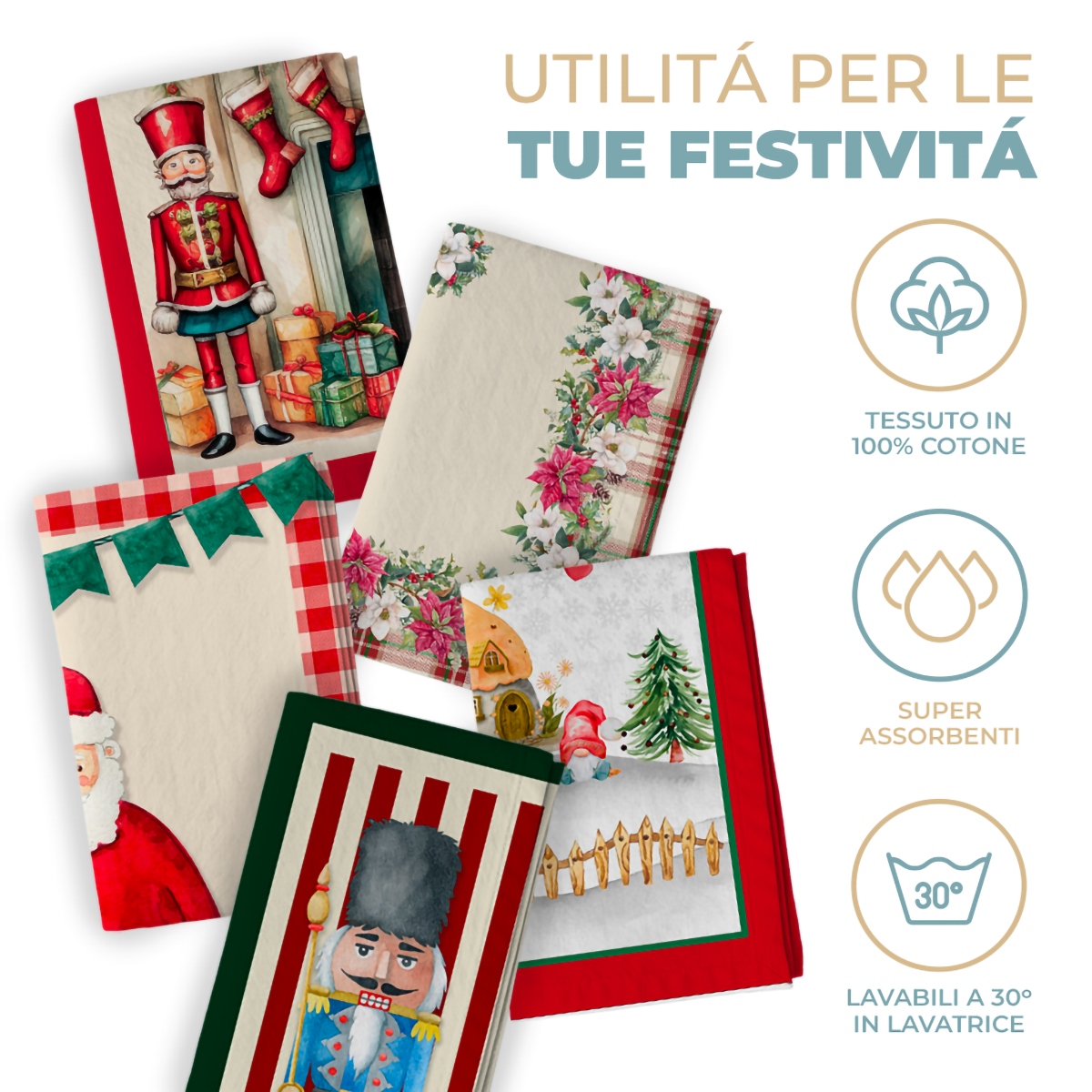 Set 5 Strofinacci Natalizi 50x80 cm in Cotone – Canovacci Assorbenti con Stampa Digitale | Idea Regalo Natale