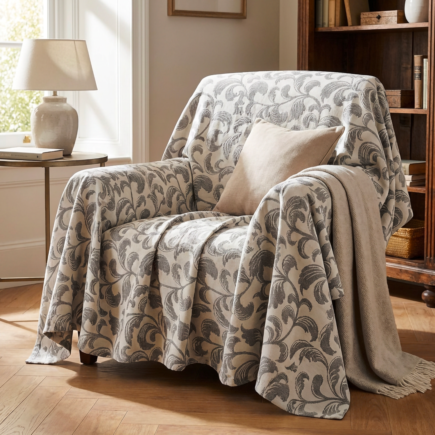 Grandfoulard Copritutto in Cotone Jacquard 270x270 cm Copridivano Grande Multiuso Telo Arredo Design a Righe Copriletto Matrimoniale Leggero Lavabile Beige/Grigio