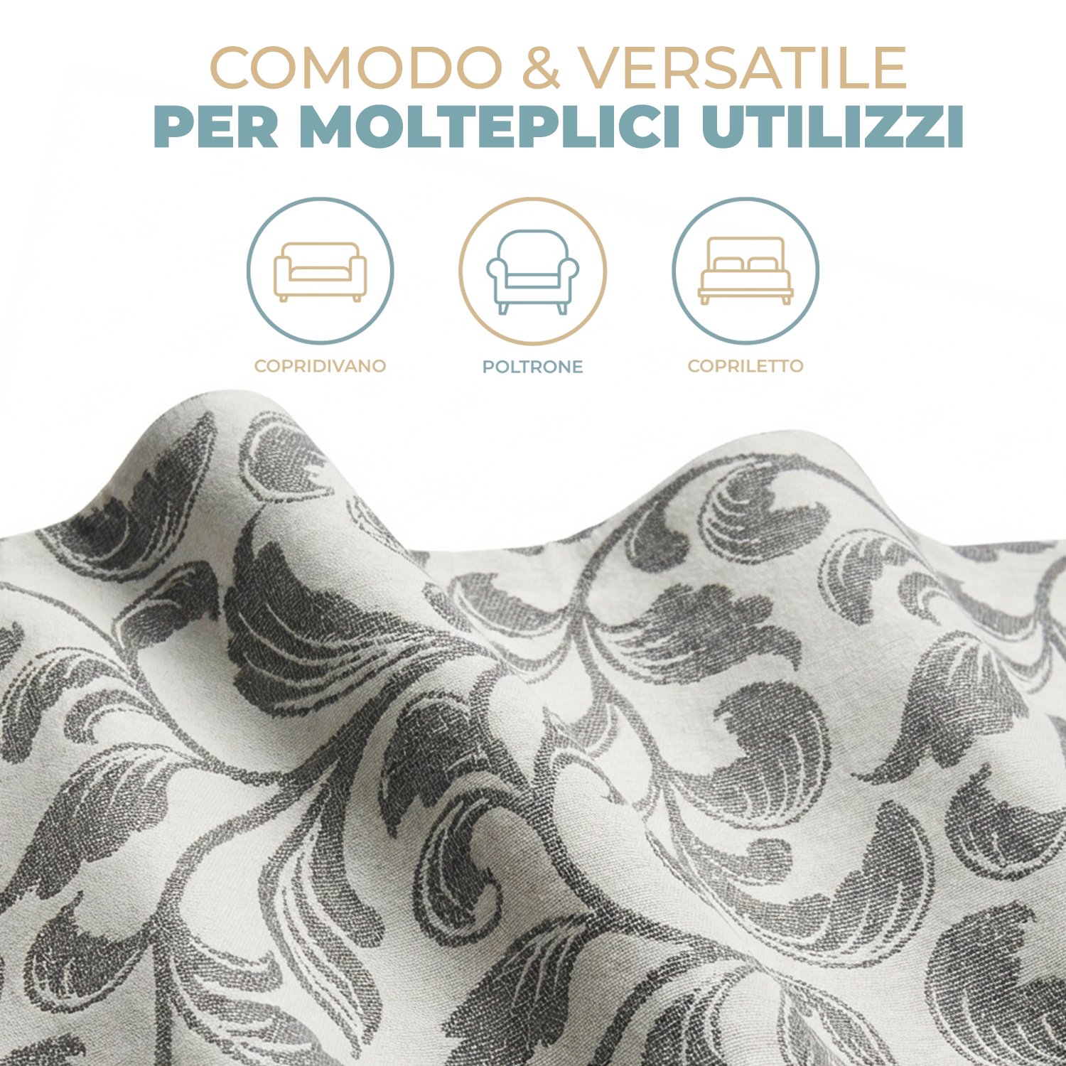Grandfoulard Copritutto in Cotone Jacquard 270x270 cm Copridivano Grande Multiuso Telo Arredo Design a Righe Copriletto Matrimoniale Leggero Lavabile Beige/Grigio