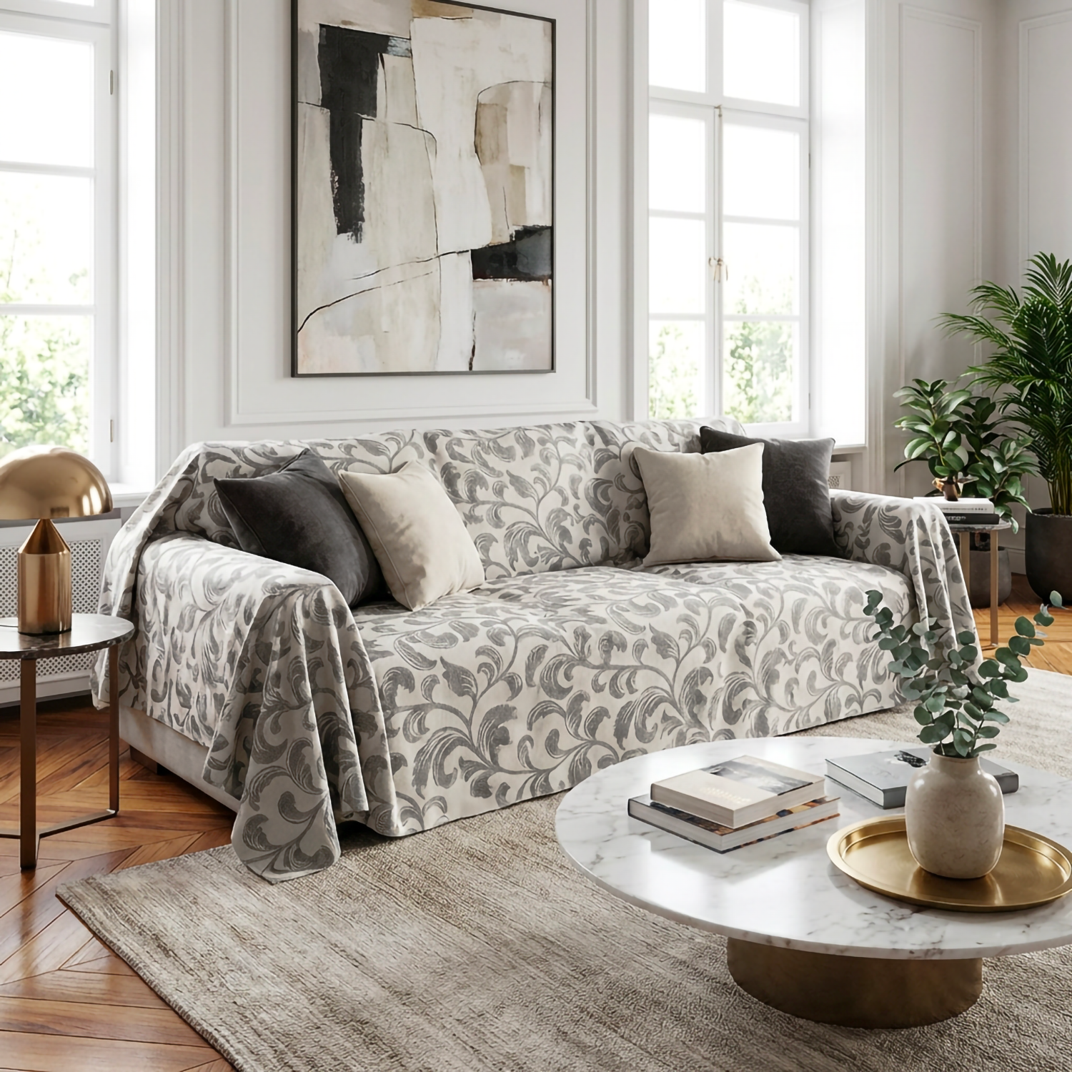 Grandfoulard Copritutto in Cotone Jacquard 270x270 cm Copridivano Grande Multiuso Telo Arredo Design a Righe Copriletto Matrimoniale Leggero Lavabile Beige/Grigio
