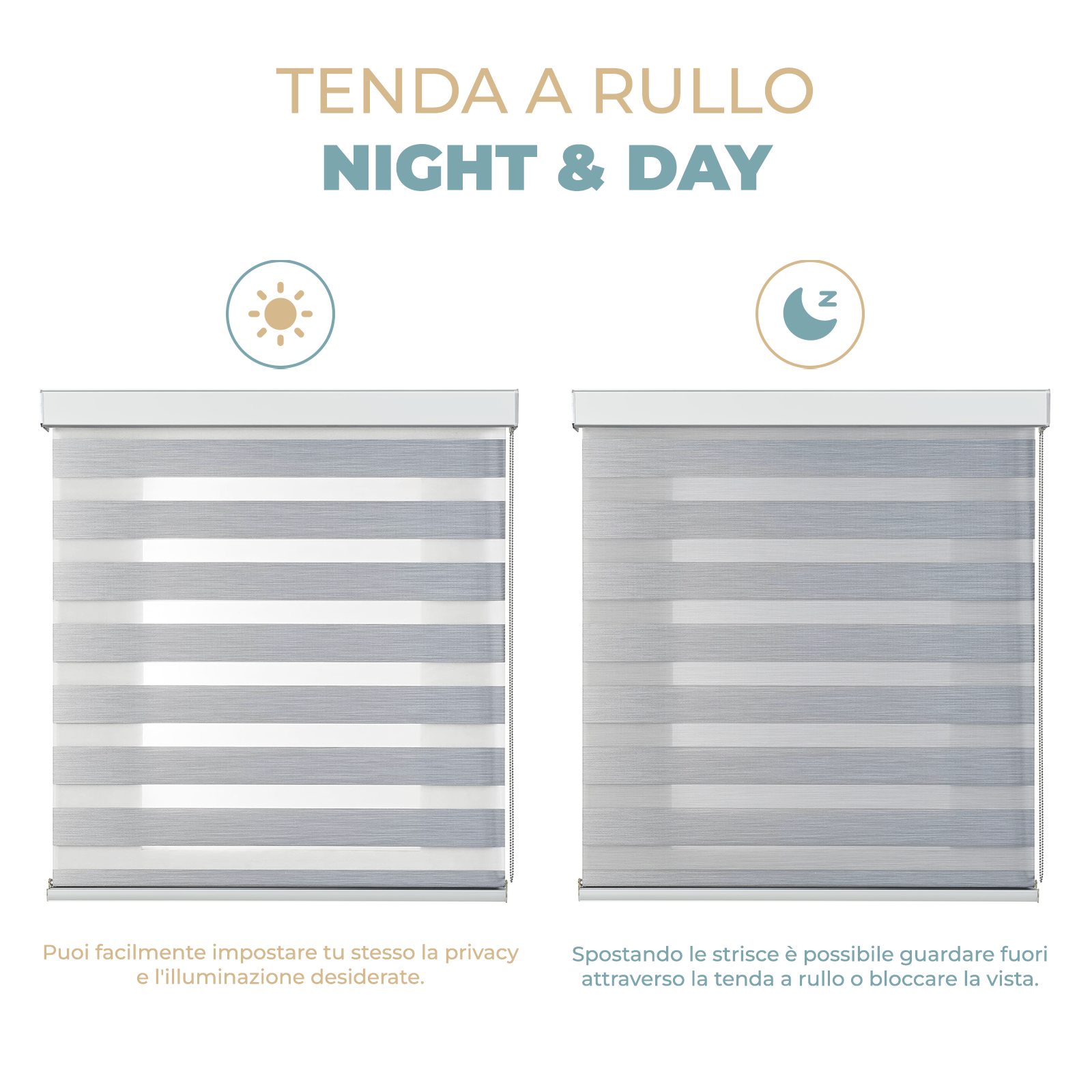Tenda a Rullo Giorno e Notte con Cassonetto Struttura in Alluminio Doppio Strato Regolazione della Luminosità Catenella Laterale per Interni Bianco