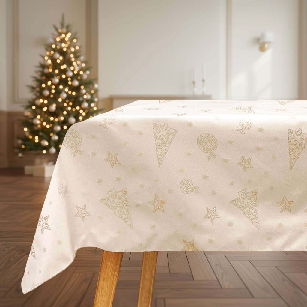 Tovaglia Natalizia in Raso 24 Posti 140x450 cm Elegante con Glitter Lurex Oro e Motivo a Stelle Made in Italy