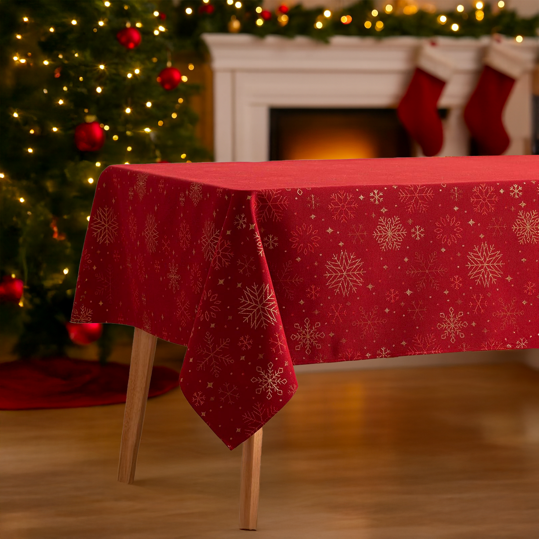 Tovaglia Natalizia in Cotone 6 Posti 140x180 cm Elegante con Glitter Lurex Oro e Motivo Fiocco di Neve Made in Italy Vari colori