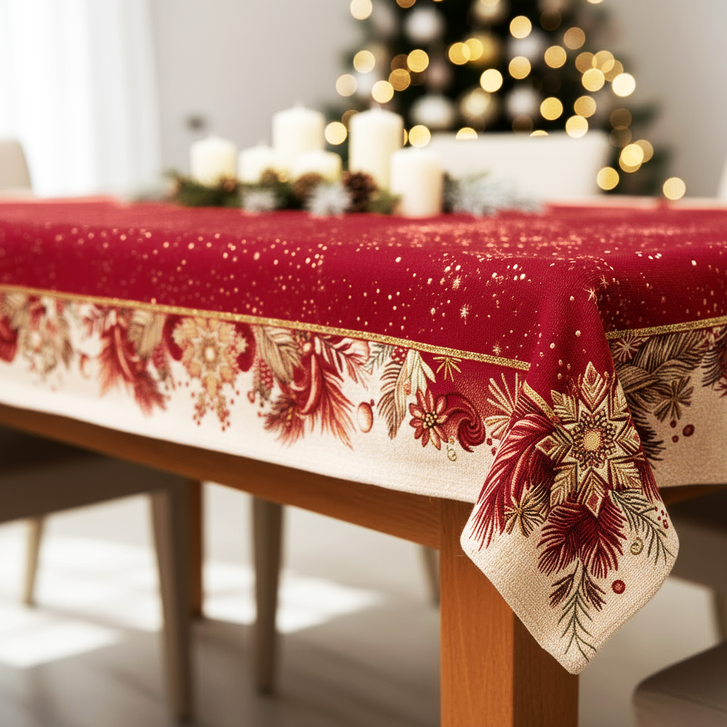 Tovaglia Natalizia Gobelin 8 Posti 140x220 cm Tessuto Jacquard Rettangolare Made in Italy Decorazione Tavola Christmas