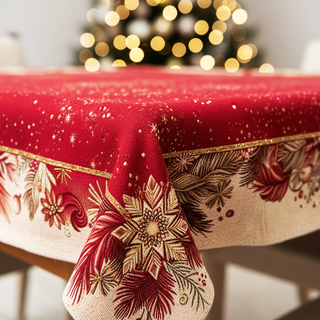 Tovaglia Natalizia Gobelin 8 Posti 140x220 cm Tessuto Jacquard Rettangolare Made in Italy Decorazione Tavola Christmas