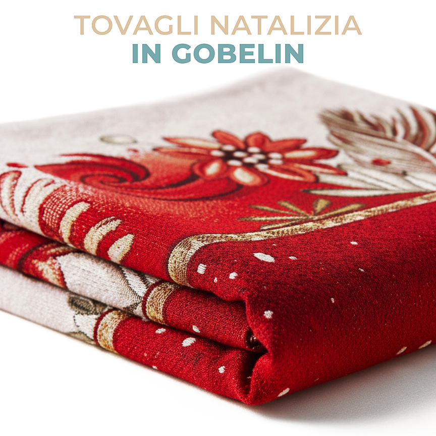 Tovaglia Natalizia Gobelin 8 Posti 140x220 cm Tessuto Jacquard Rettangolare Made in Italy Decorazione Tavola Christmas