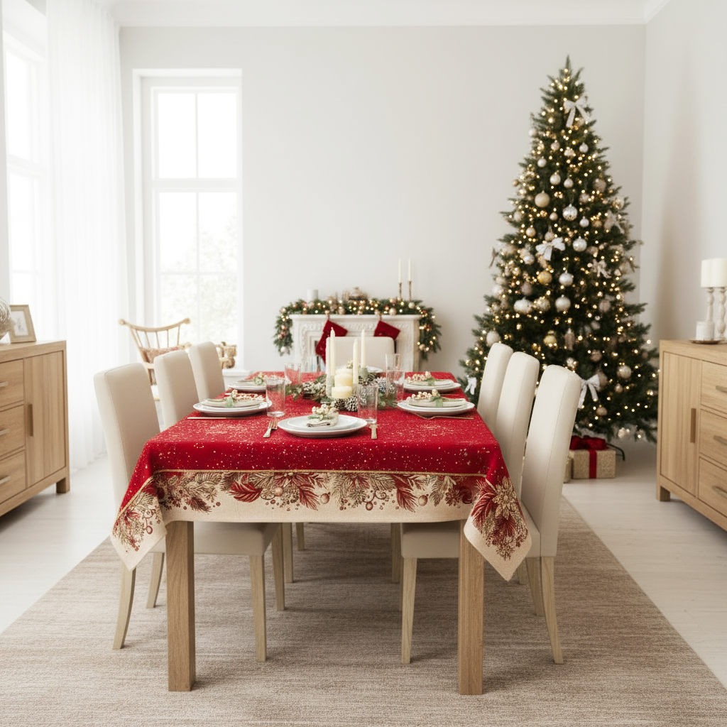Tovaglia Natalizia Gobelin 8 Posti 140x220 cm Tessuto Jacquard Rettangolare Made in Italy Decorazione Tavola Christmas