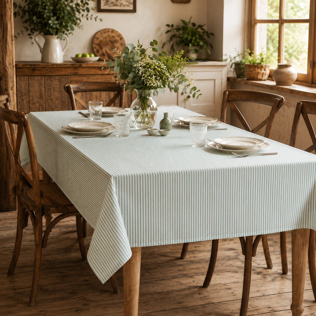 Tovaglia a Righe Country Tinto in Filo 50% Cotone 50% Poliestere  Riga 0,5 cm Rettangolare e Quadrata da 4 a 30 Posti Tavolo Buffet Vari Colori