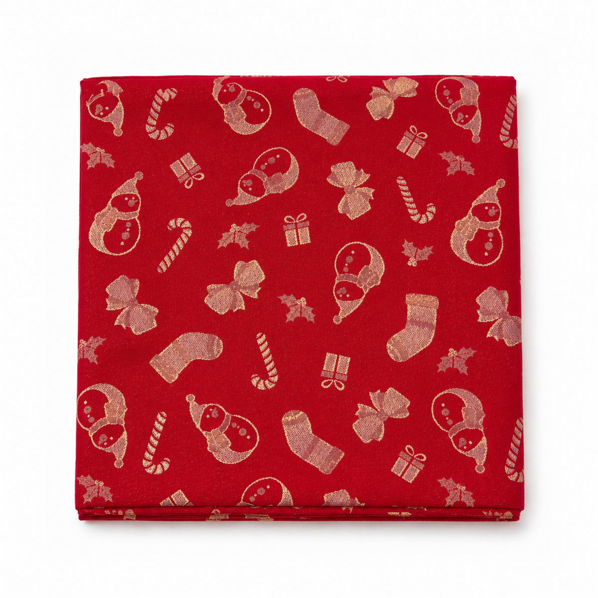 Tovaglia Natalizia in Raso Rosso Glitter Oro 140x450 cm 24 Posti Fantasia Natale con Pupazzi di Neve, Regali e Agrifoglio